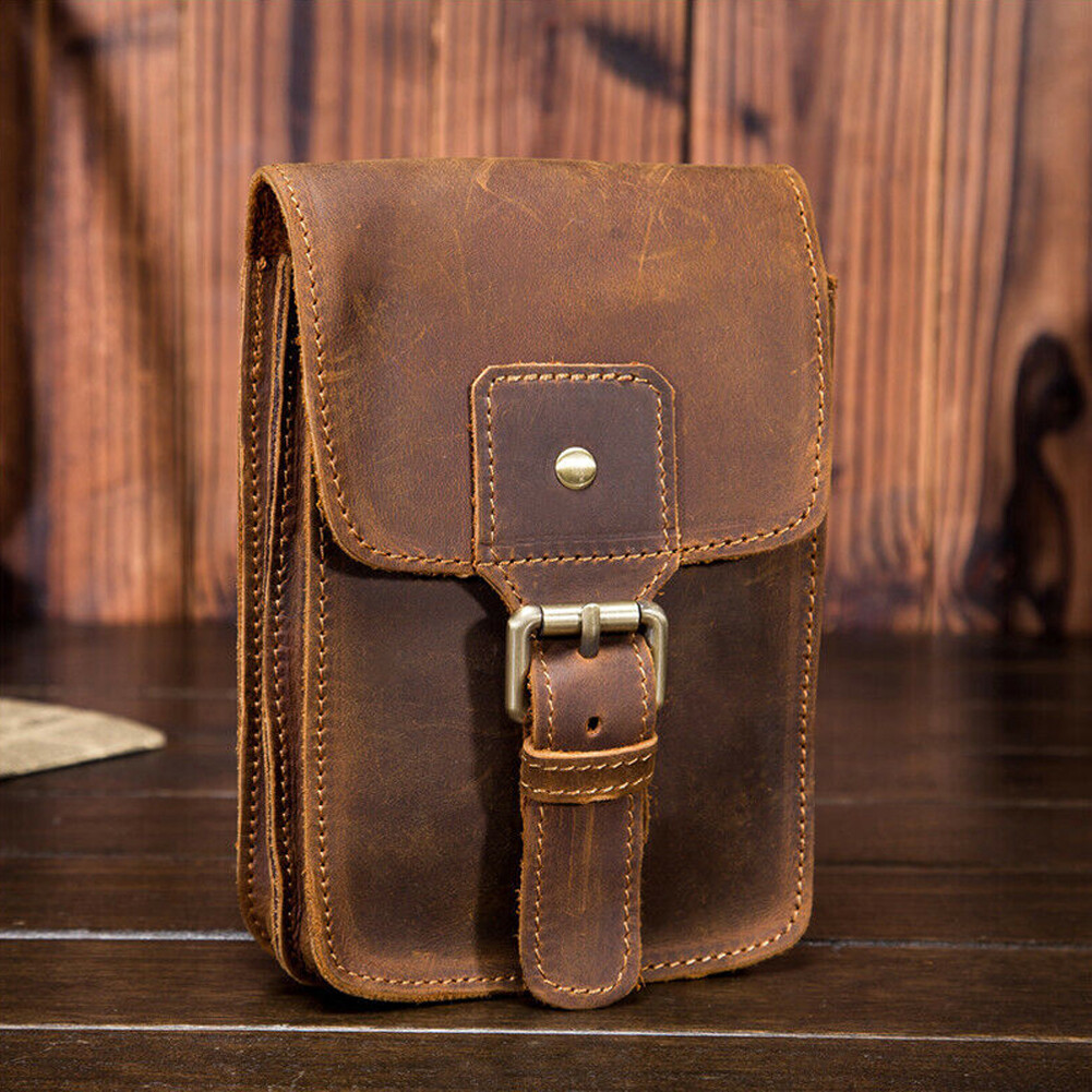 Men Crazy Horse Leather Small Waist Bag Pouch Hook Fanny Waist Belt Pack`