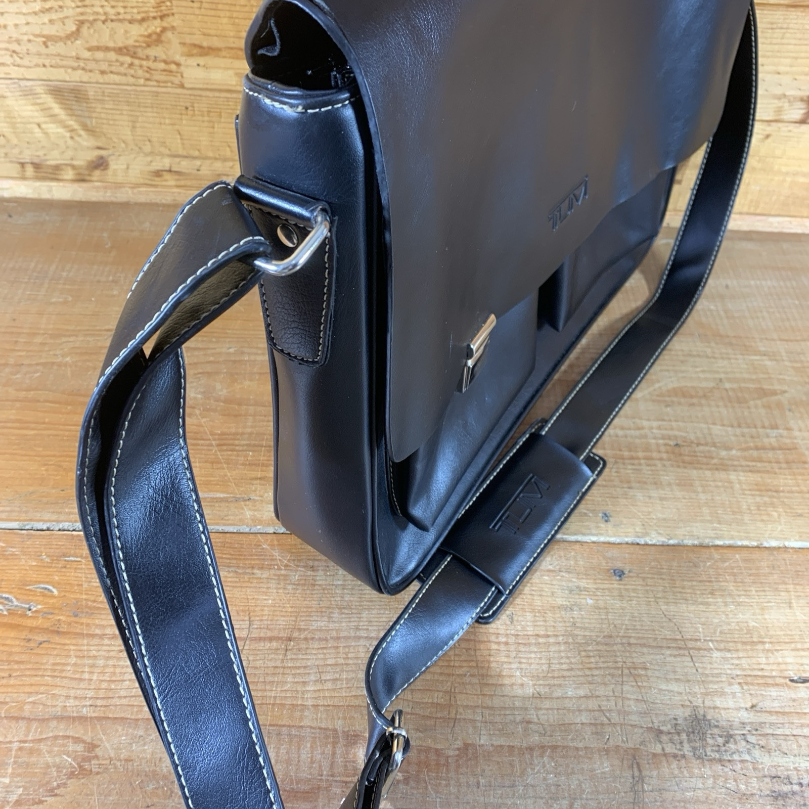 Tumi Messenger Bag, Black Leather Contrast Stitch, Leather Strap, Missing Latch