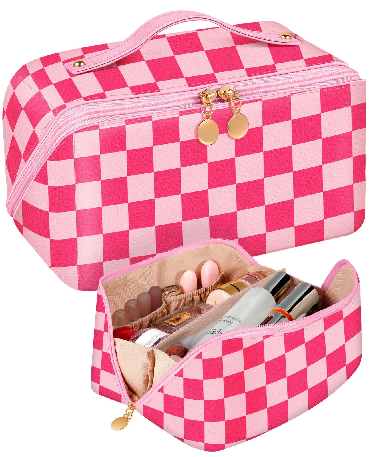 Bistup Makeup Bag Travel Cosmetic Toiletry Make Up Bags 1-Pink Checkered