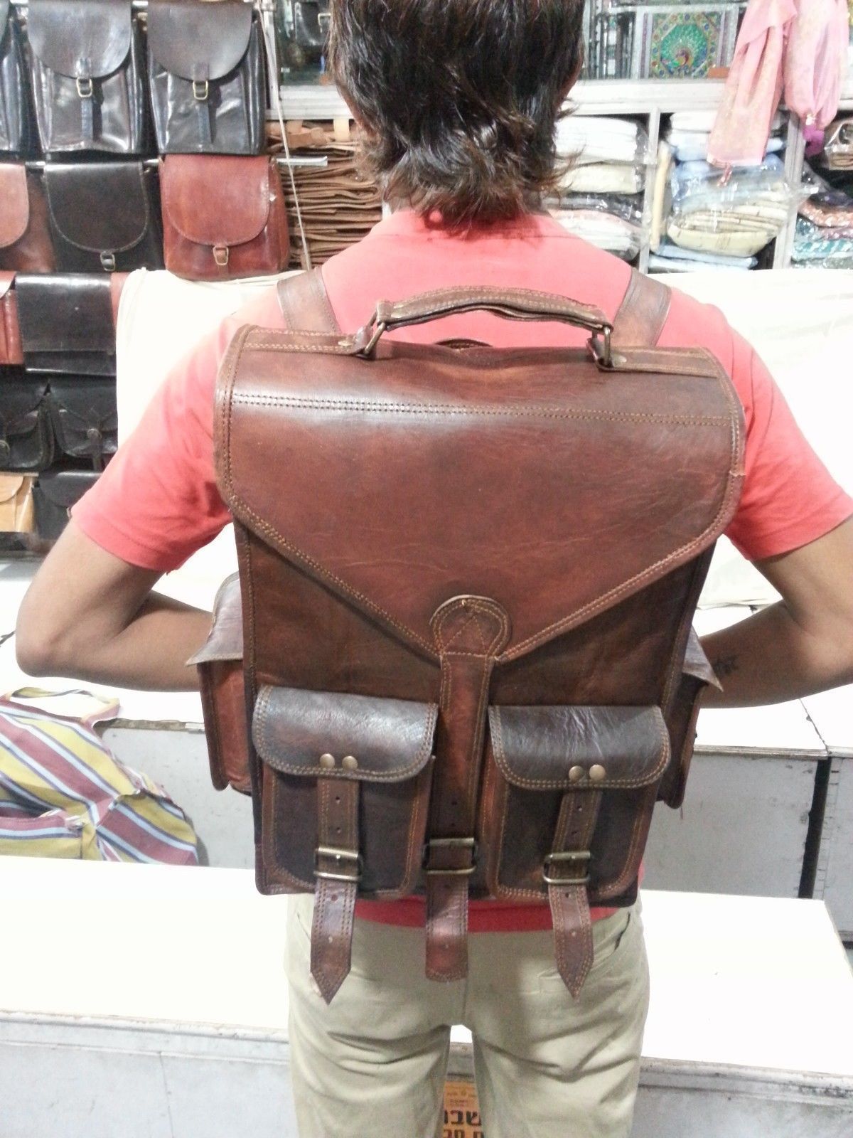VINTAGE LEATHER BROWN BACKPACK RUCKSACK BAG MEN’S SHOULDER CROSS-BODY SLING BAG