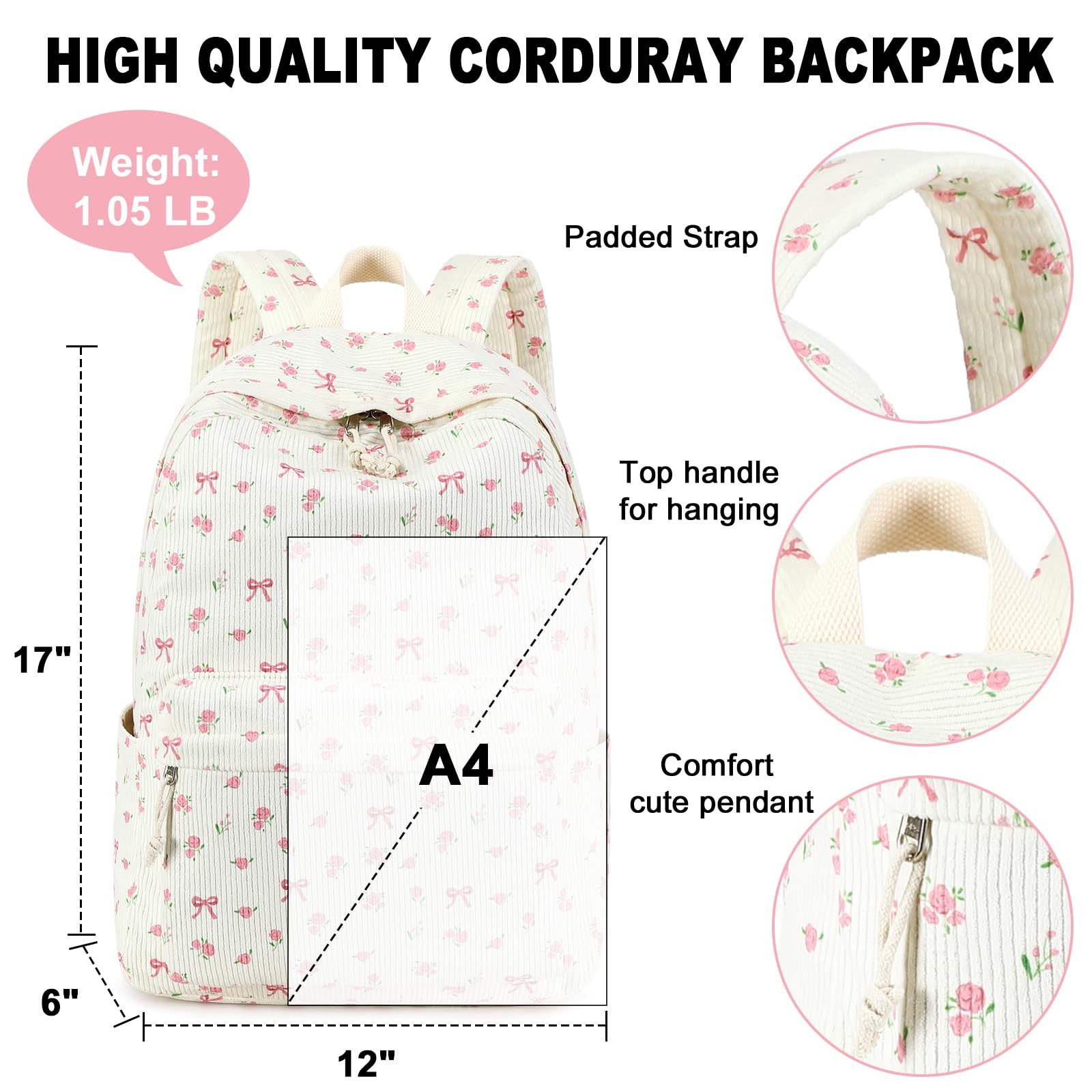 Pink Bow Floral Corduroy School Backpack 15.6 Inch Laptop Bag Women Teen Girl