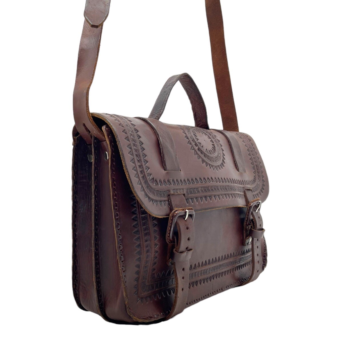 Vintage 70s Large Handmade Tooled Leather Messenger Bag Crossbody Laptop Travel