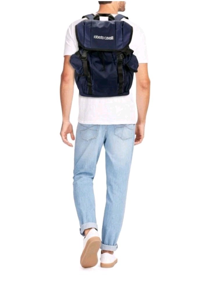 NWT Roberto Cavalli Logo Utility Backpack Navy Blue 18″W x 17″H x 5″D