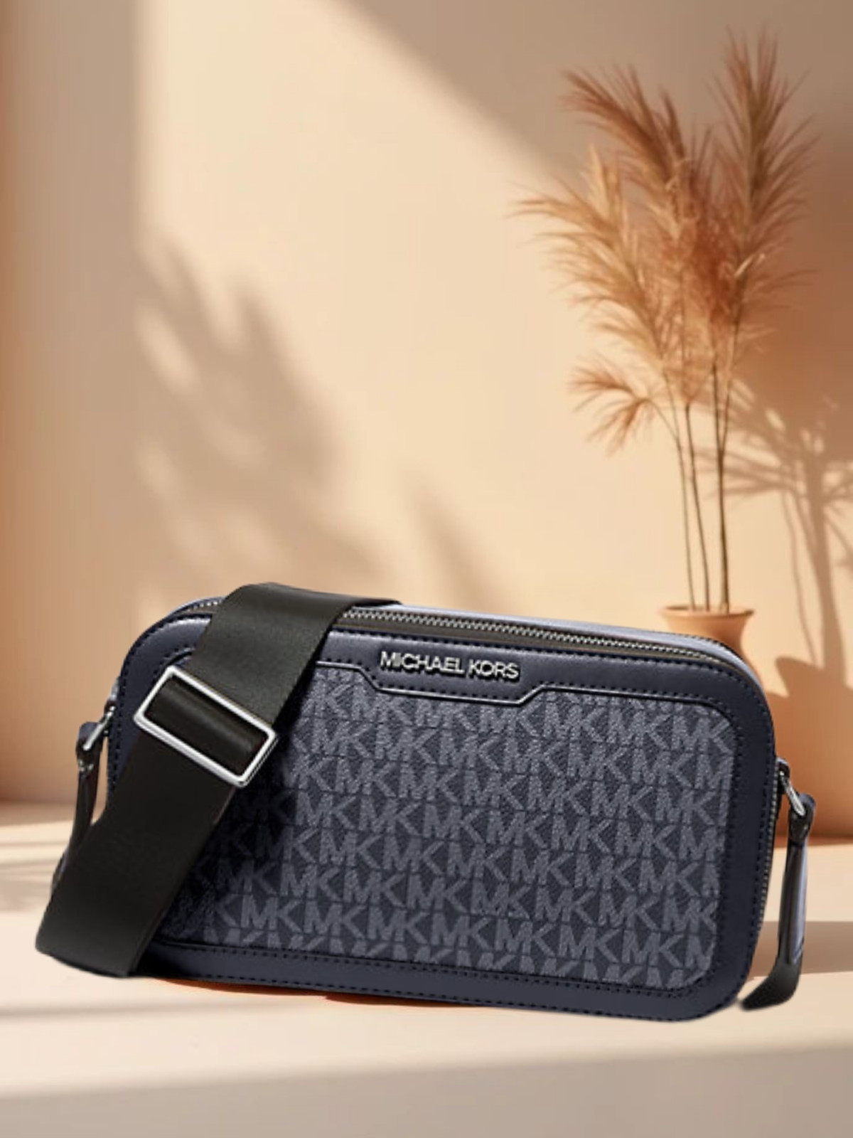 Michael Kors Cooper Men Admiral MK Signature Logo Double Zip Long Crossbody Bag