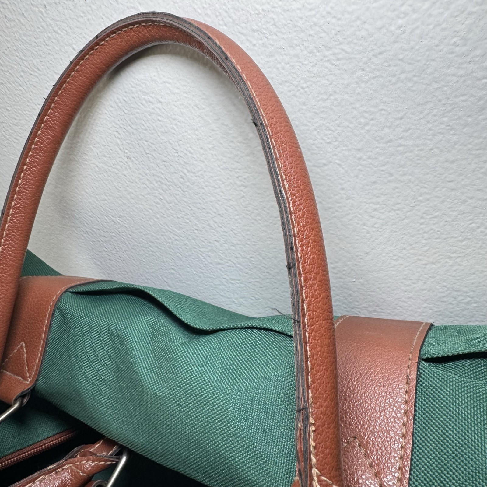 Vintage Ralph Lauren Weekender Duffel Bag Canvas Green Brown Leather Trim Travel