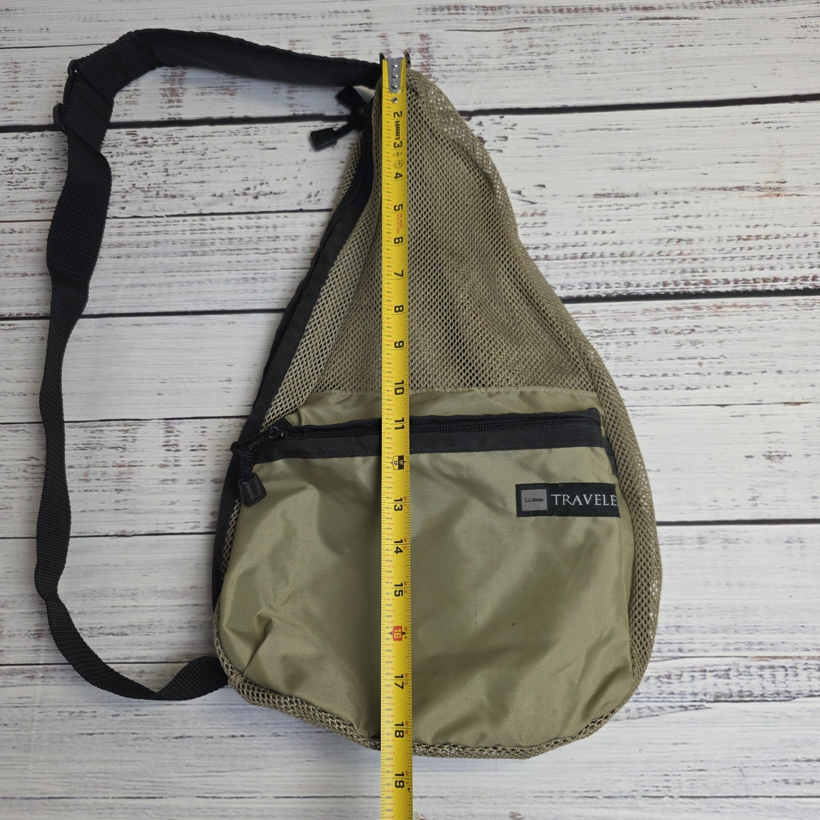 LL Bean Traveler Over The Shoulder Sling Backpack Beige Mesh 2 Zip Compartments