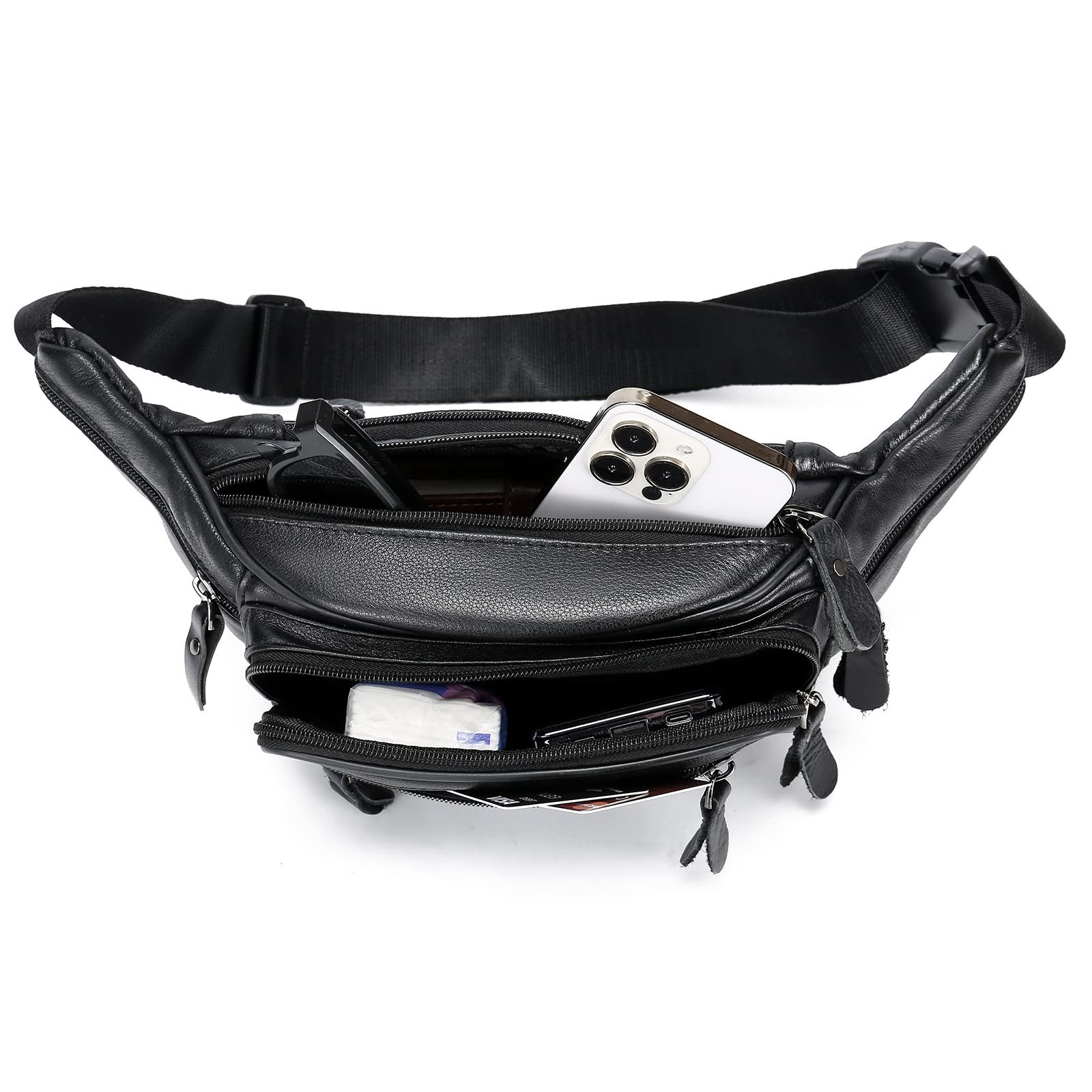 OrrinSports Black Leather Fanny Pack for Men & Women, Free Size, 810#black