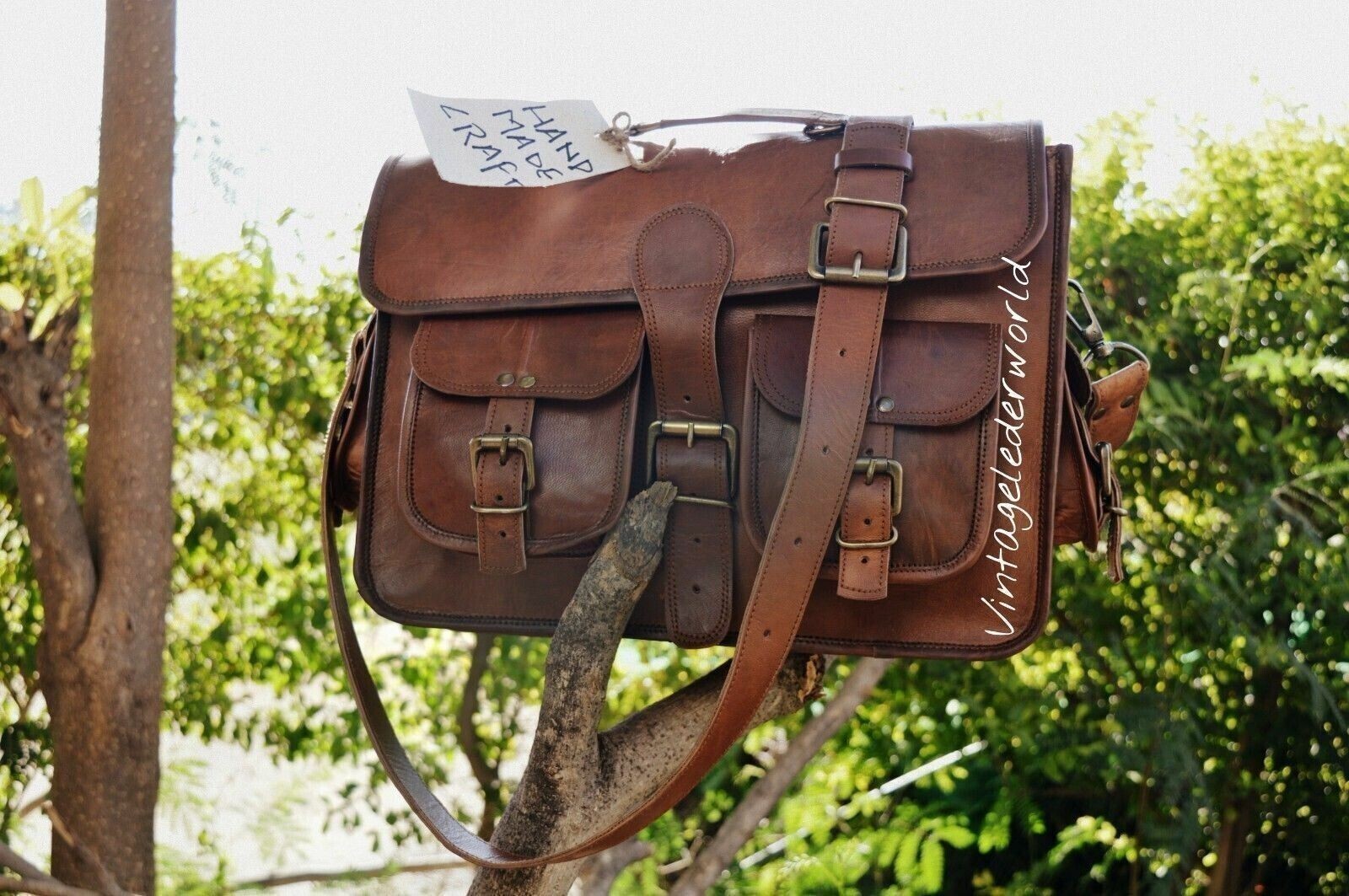 Goat Leather Messenger Real Satchel Men’s 15″ Bag Genuine Laptop Brown Briefcase