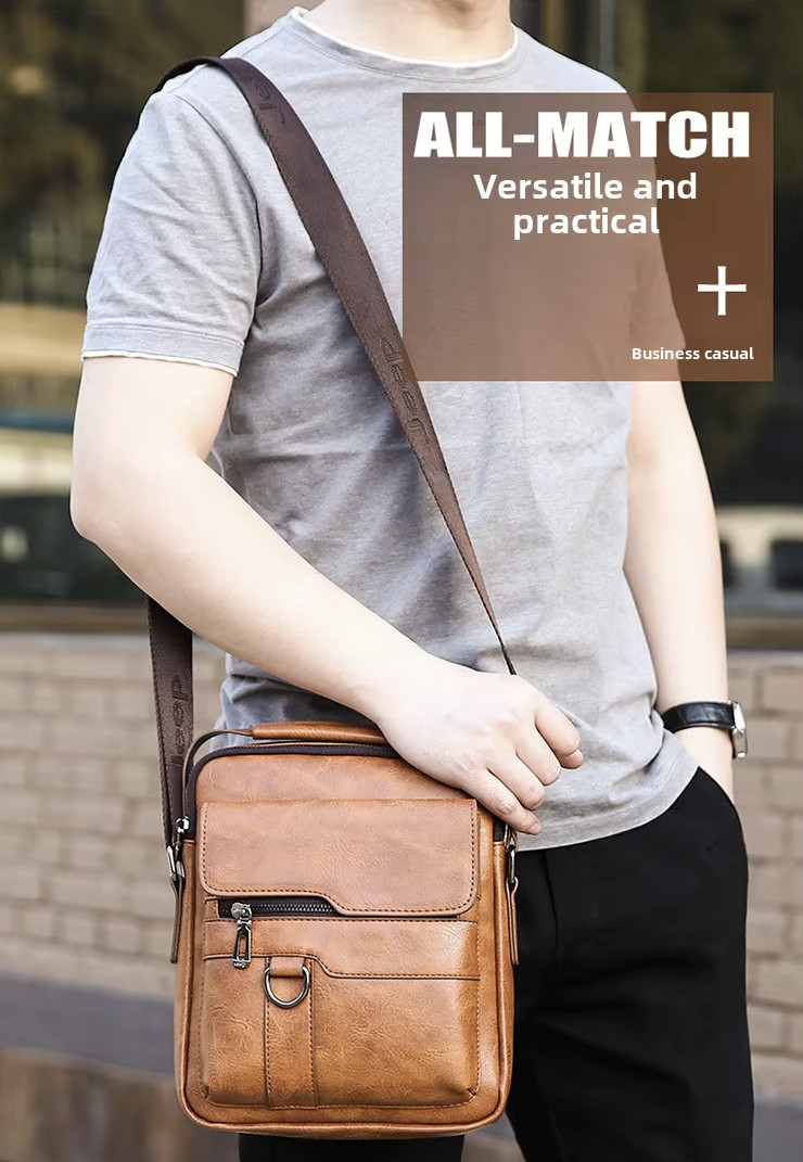 Crossbody PU Leather Waterproof Business Men Shoulder bag KHAKI