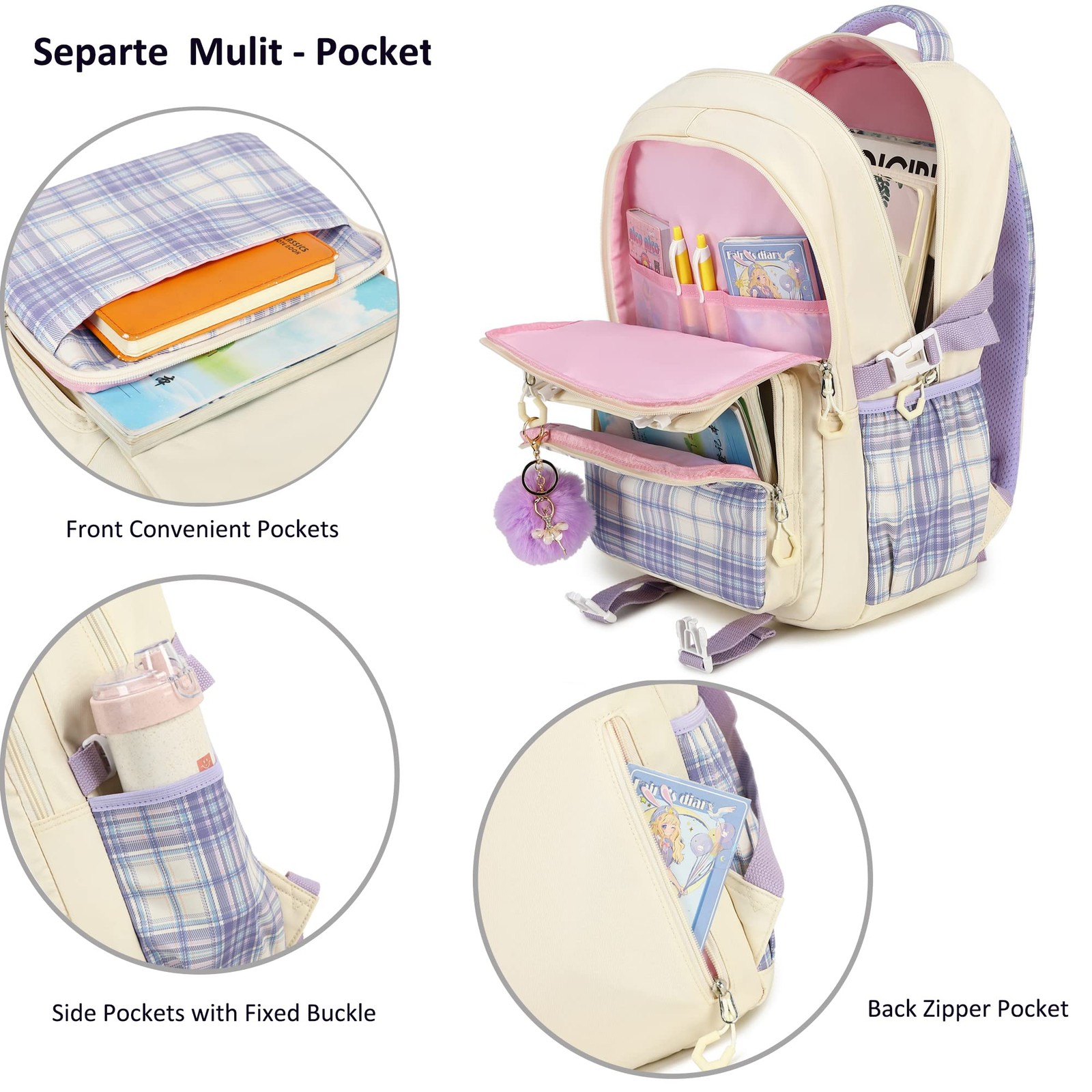 Beige and Purple Elementary Middle School Aesthetic Preppy Backpack For Girls