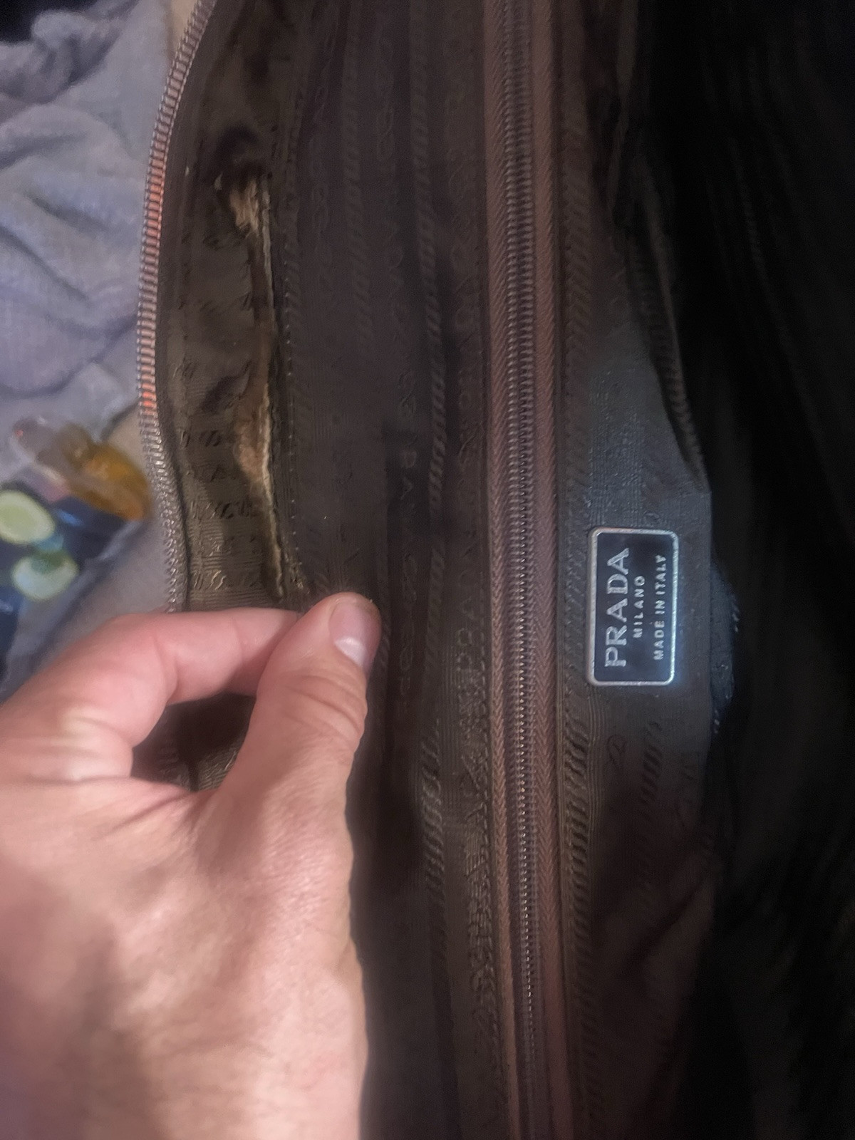 Prada Men’s Messenger Type Bag, Brown Leather w/ Black & Green Vinyl, Push-lock
