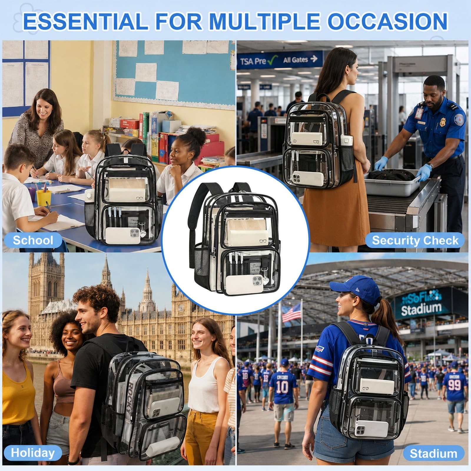Large Heavy Duty Clear Backpack for School & Travel, Reinforced PVC See-Through