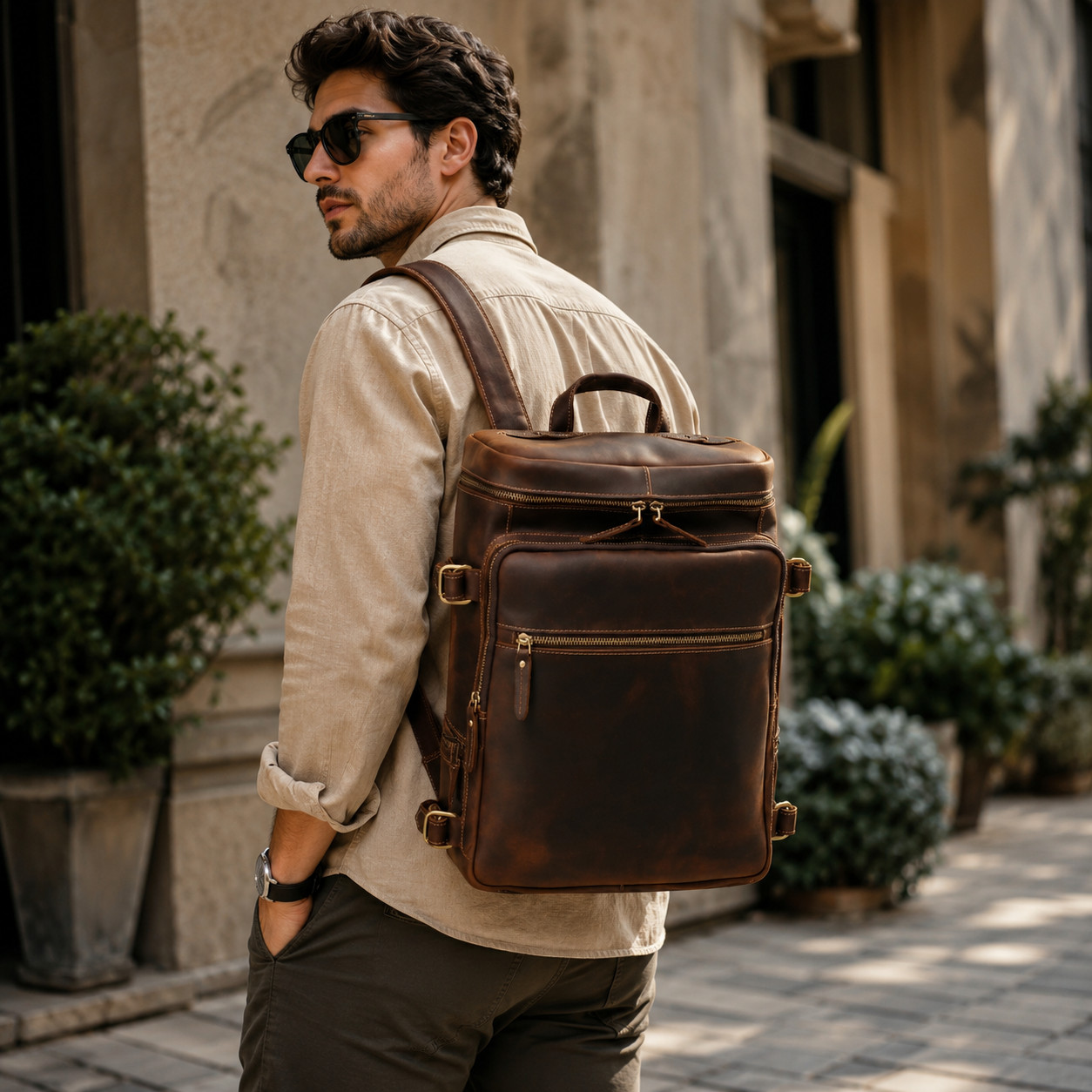 Brown Leather Laptop Backpack 17.5″ Travel Business Rucksack for Men