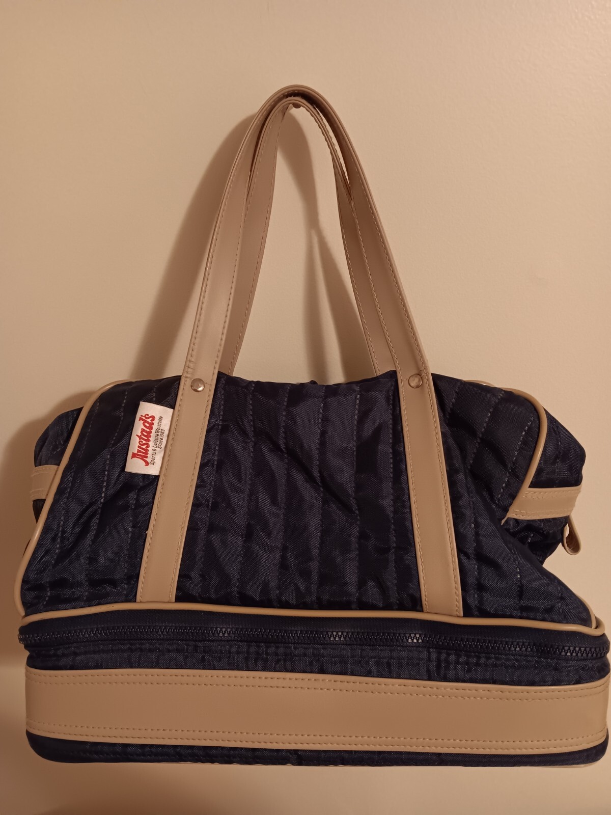 Austads Blue And Tan Bag With Rigid Base And Lower Zippered Area