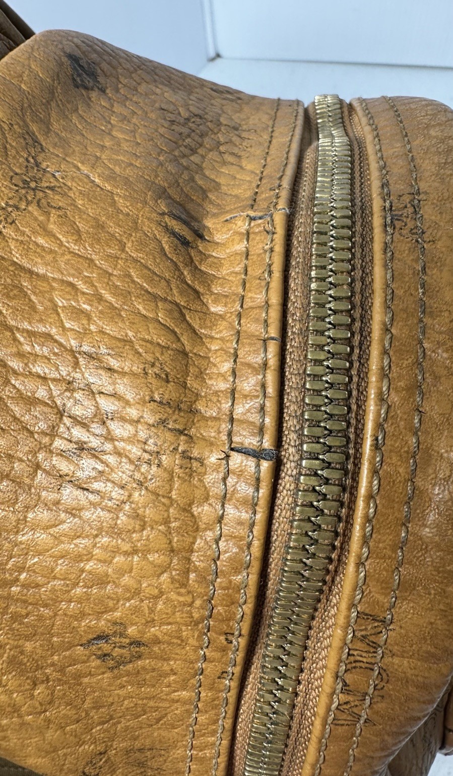 MCM Visetos Side Studs Small Backpack Camel Brown Leather Logo Studded Bag