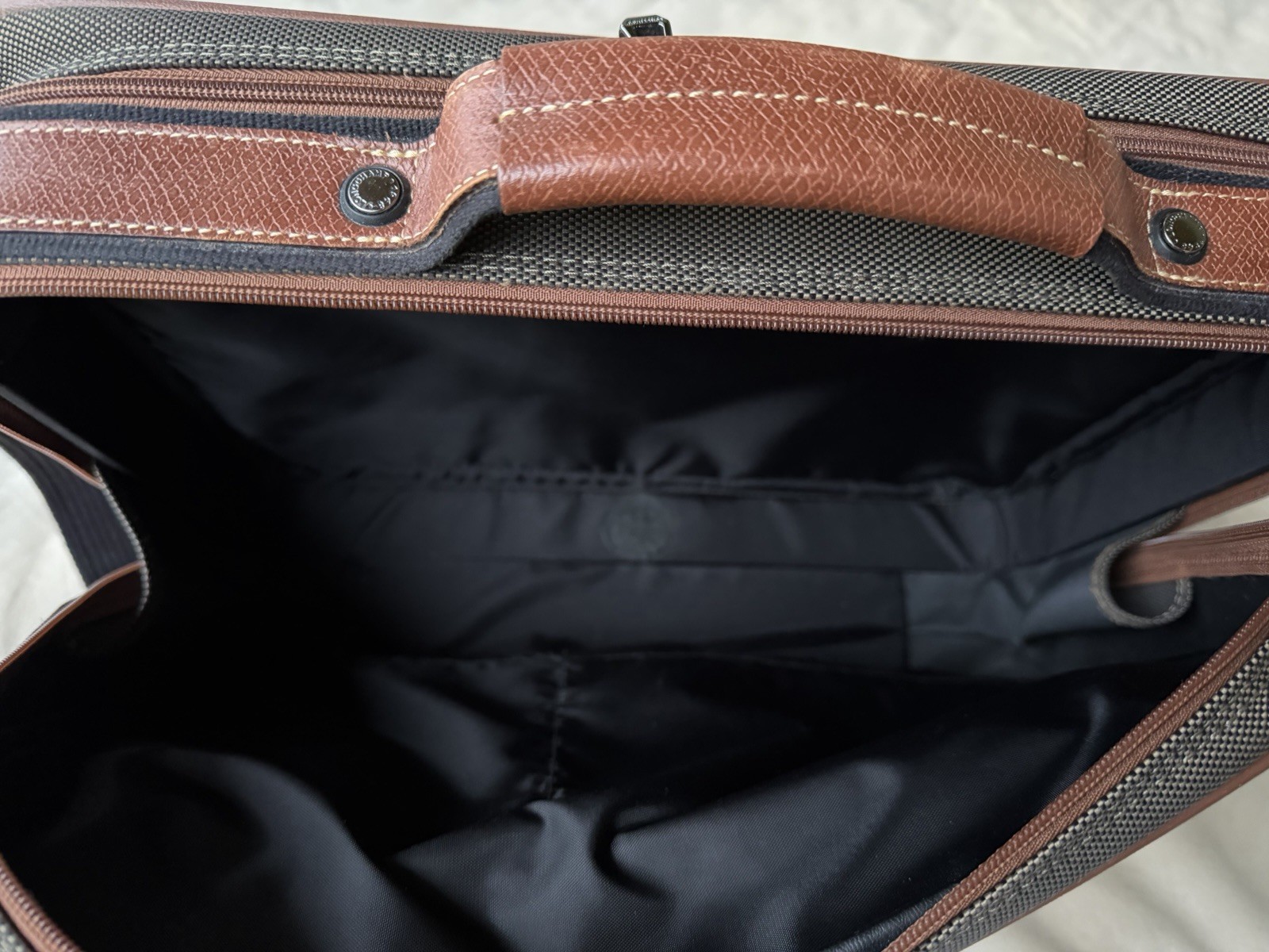 Longchamp Boxford Travel Briefcase Men’s Brown Leather Olive Green Canvas