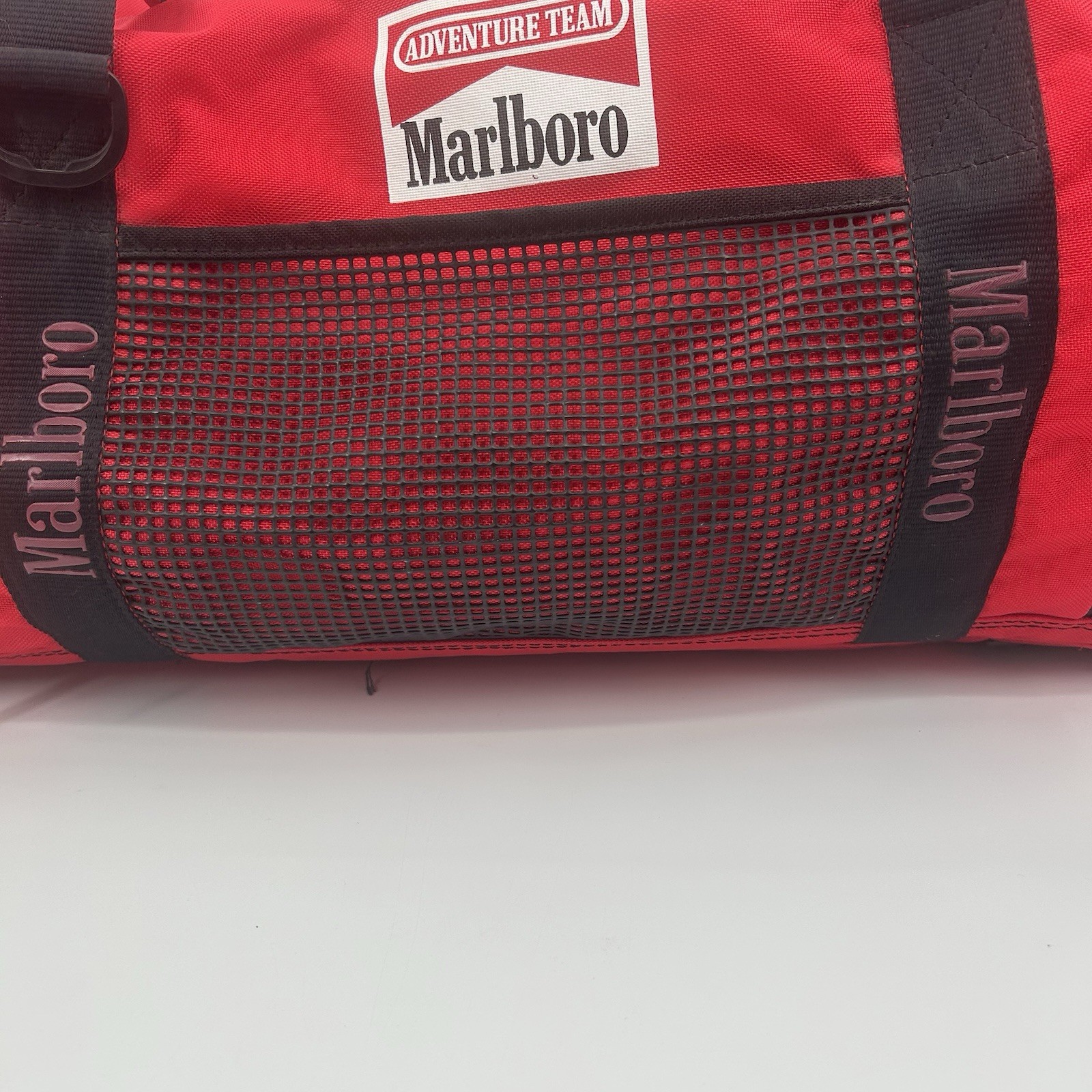 Marlboro Adventure Team Red Black Yellow Duffle Bag Pockets Adjustable Strap VTG