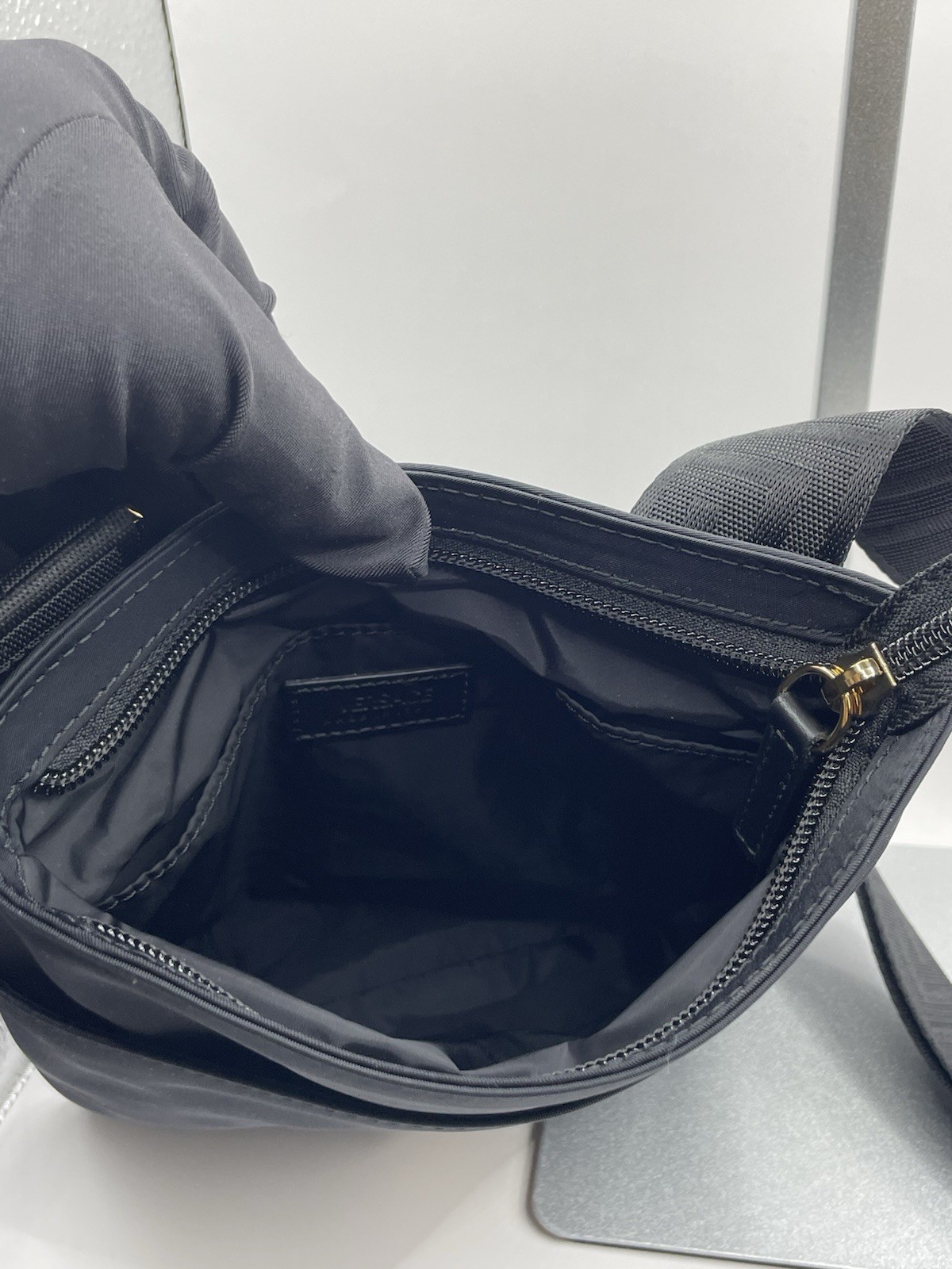 VERSACE Flat Crossbody Bag Fabric Calf Leather Black $850 Retail