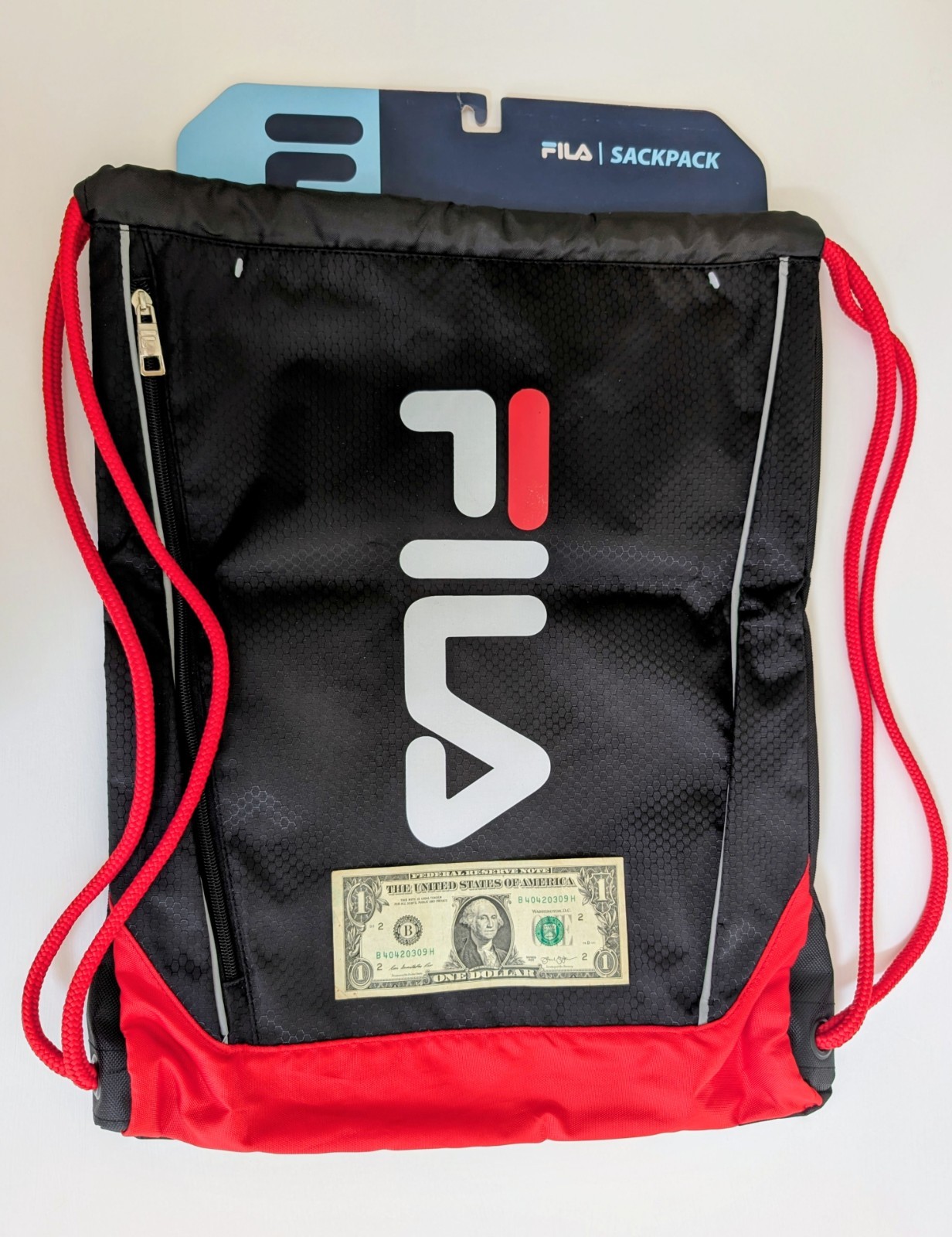 FILA Heavy Duty Drawstring Front Zip Sack Backpack Sports Gym Travel Black NWT