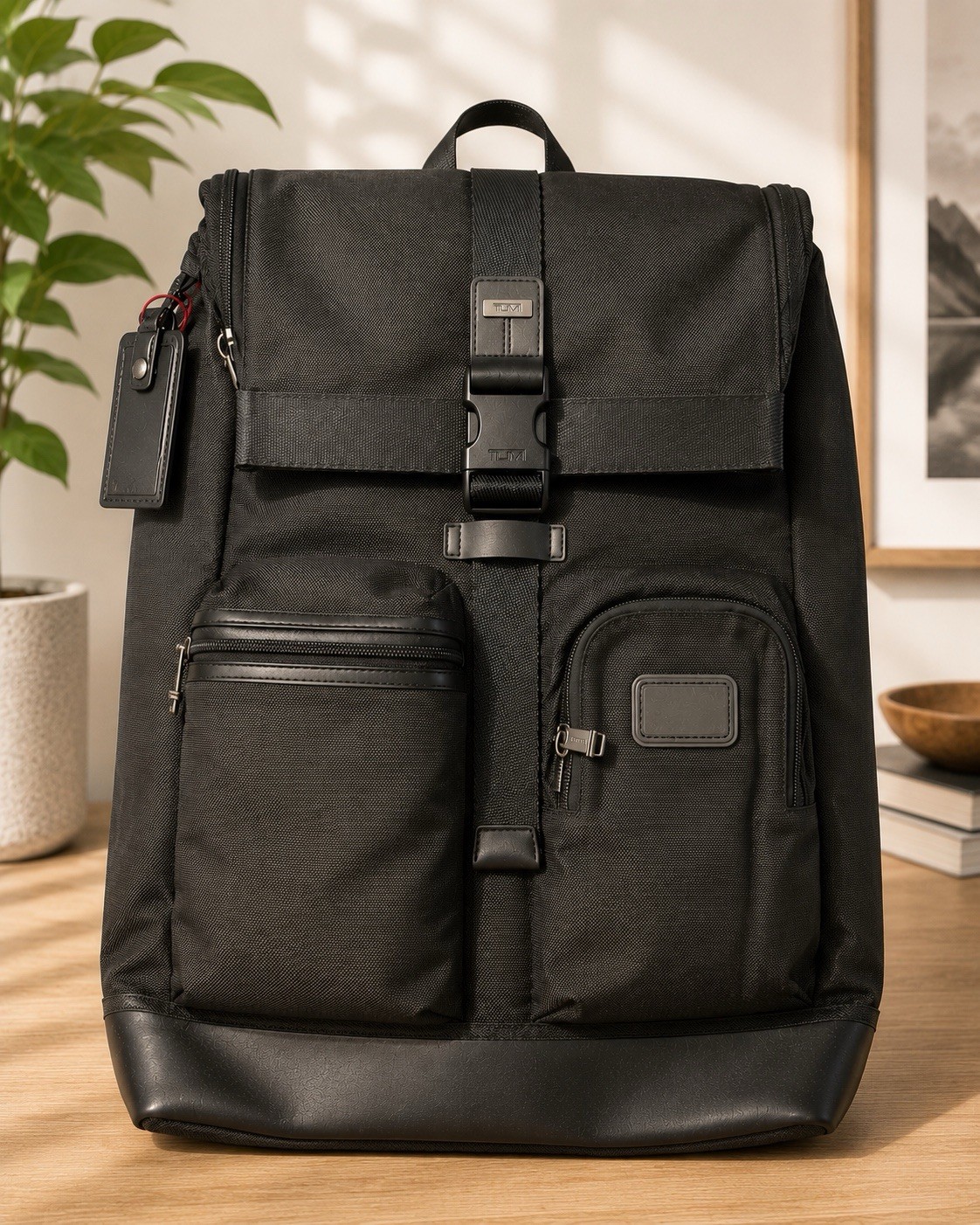 TUMI Black Men’s Backpack Solid Front Zip Pockets Buckle/Zip Closure Top Handle