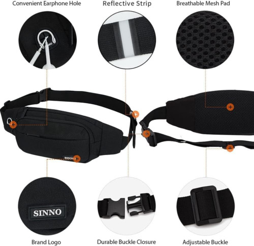 SINNO Large Crossbody Fanny Pack for Women Men Belt Black(4 Zipper Pockets)