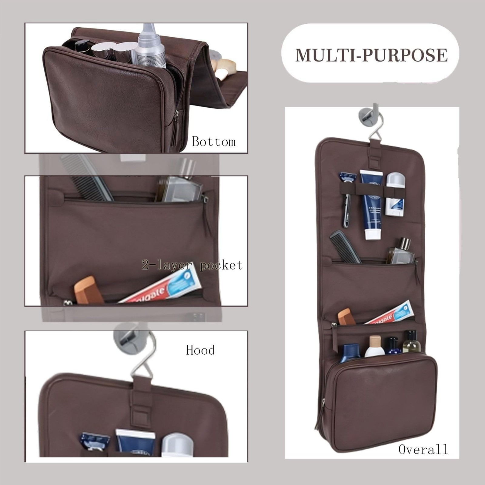 RCFJ b y K L A N D PU Leather Hanging Toiletry Bag for Men, Folding Brown