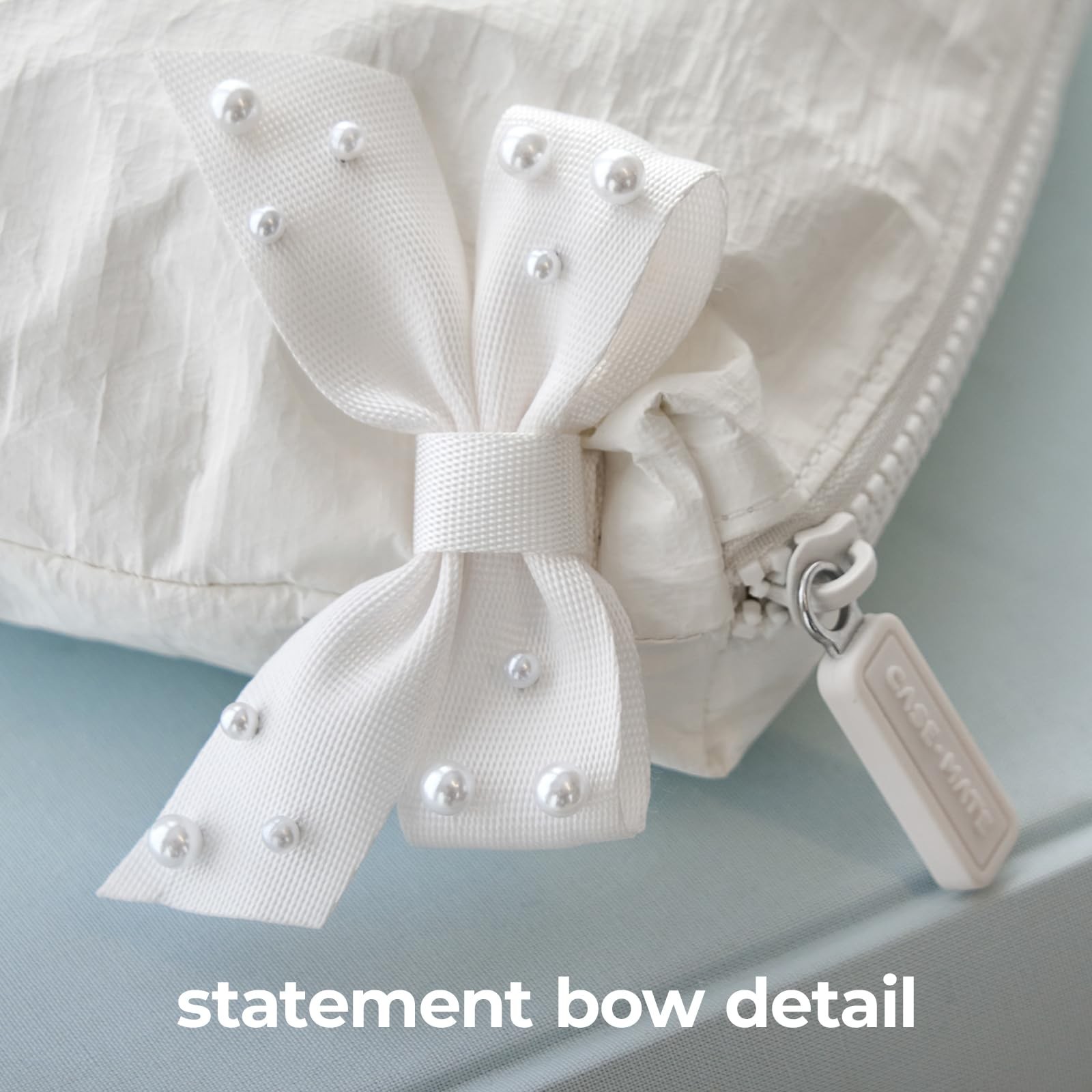 Case-Mate Essential Crinkle Bow Makeup Bag – 8×6.5×2 inches, Ivory Pearl