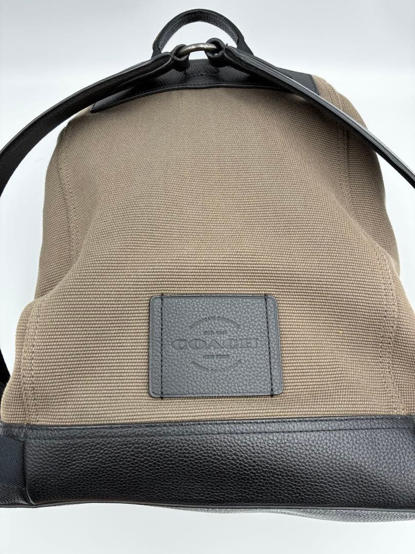 COACH Canvas Backpack Khaki Black Leather W30×H39×D15cm 11.8×15.4×5.9in