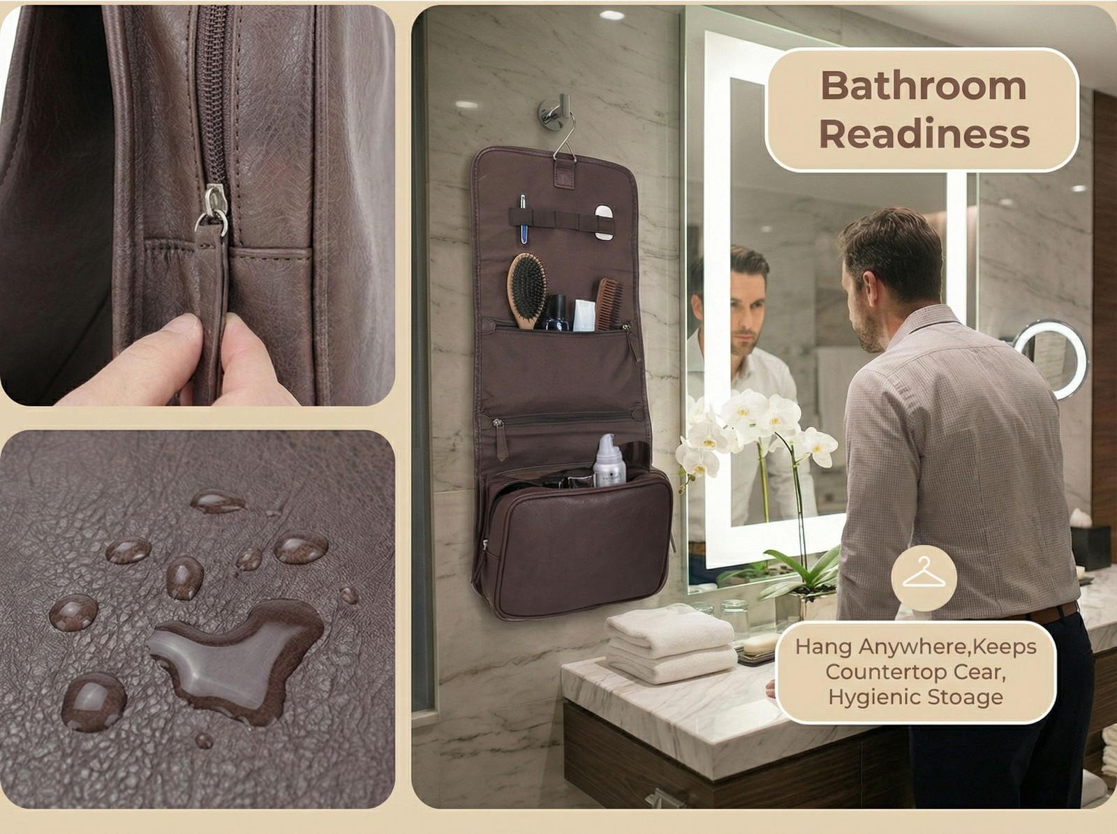 RCFJ b y K L A N D PU Leather Hanging Toiletry Bag for Men, Folding Brown