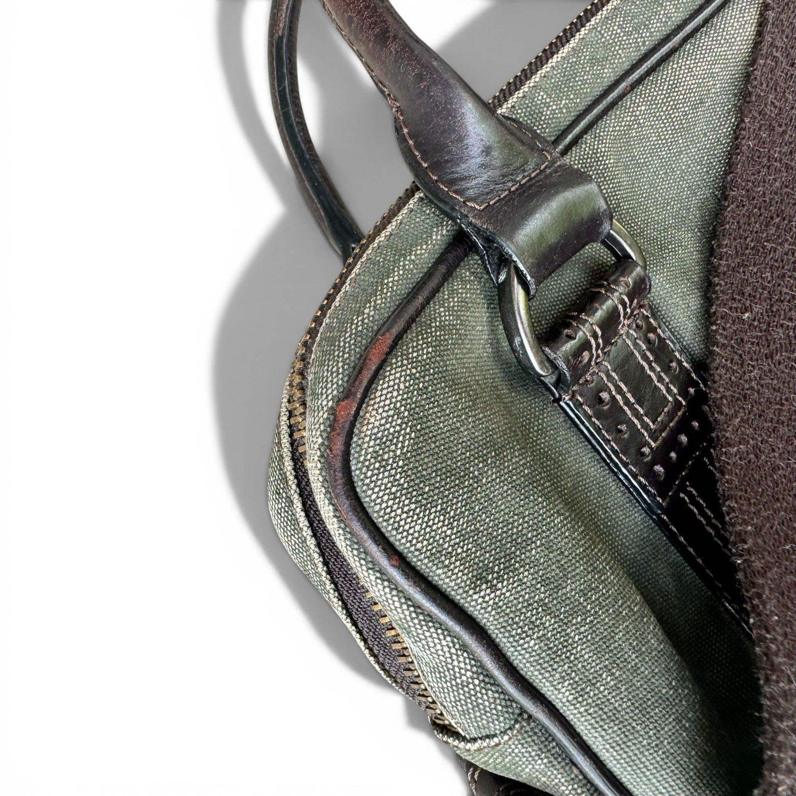 John Varvatos Distressed Olive Canvas Leather Messenger Laptop Bag Brown