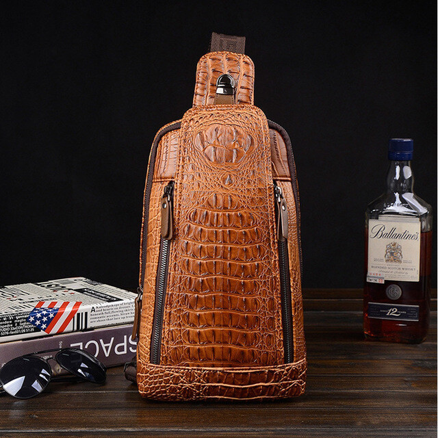 Men’s Leather Crocodile Pattern Chest Bag Sling Backpack Crossbody Travel Bag