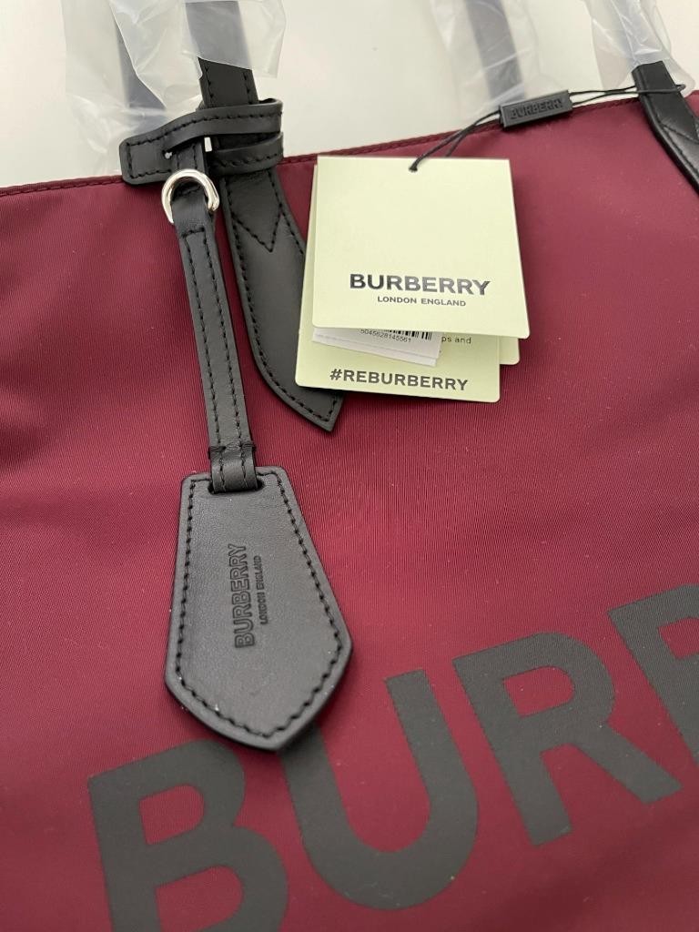 Burberry LL MD Nylon and Leather Tote Bag, in Dark Red, Made in Italy