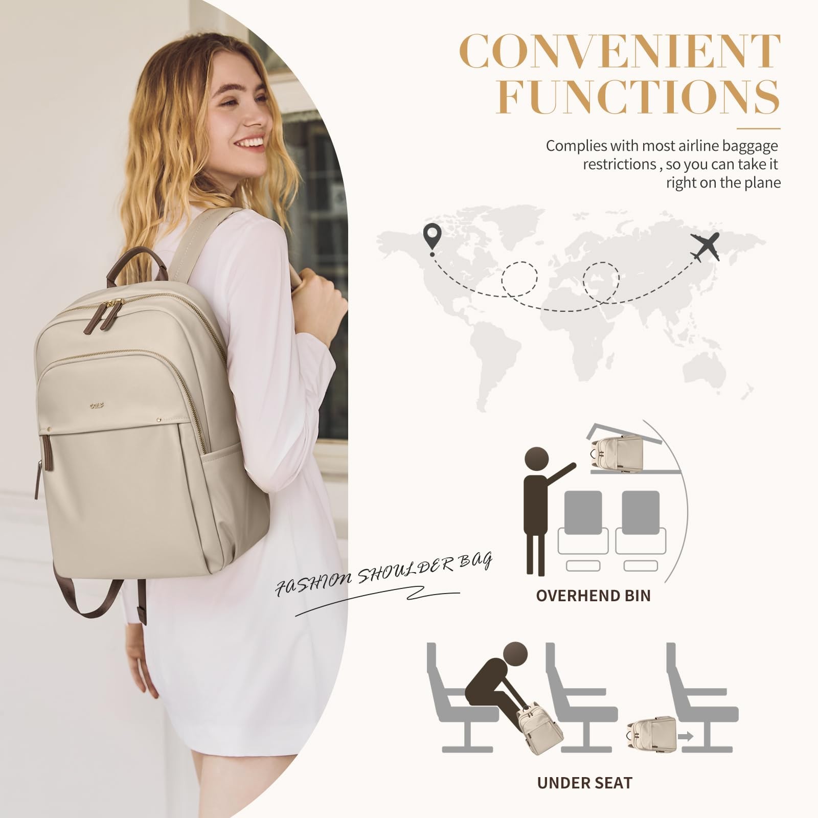 Stylish Laptop Backpack For Women Computer Bag Fits 14 Inch Notebook Apricot