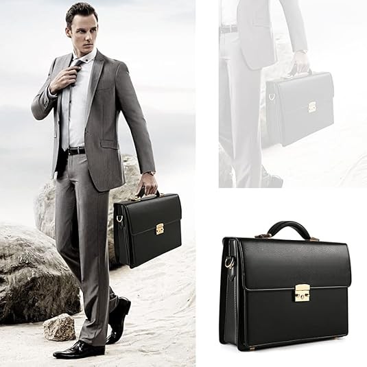 Men’s Leather Briefcase Laptop Messenger Bag, Business Lawyer Hard Case Black