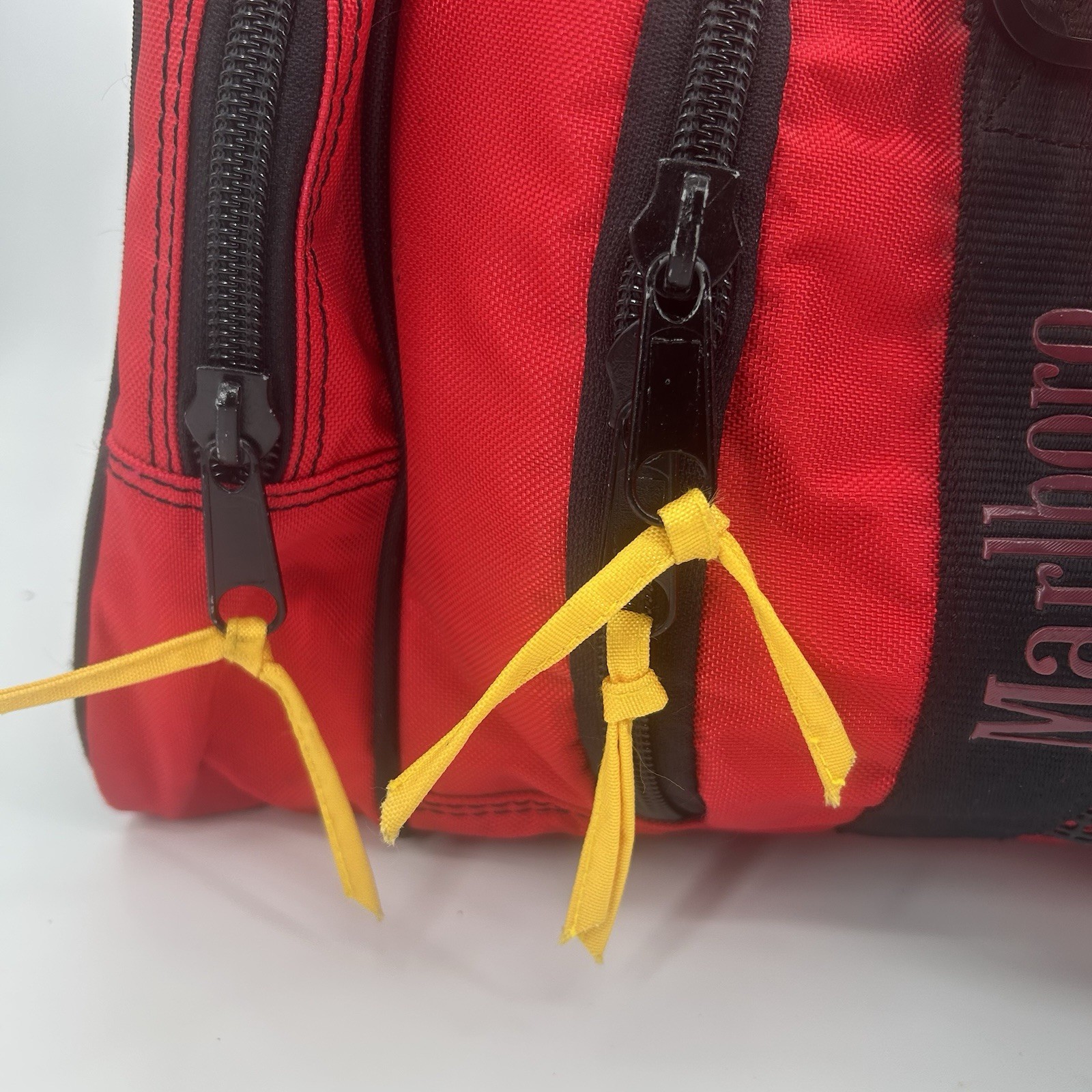 Marlboro Adventure Team Red Black Yellow Duffle Bag Pockets Adjustable Strap VTG