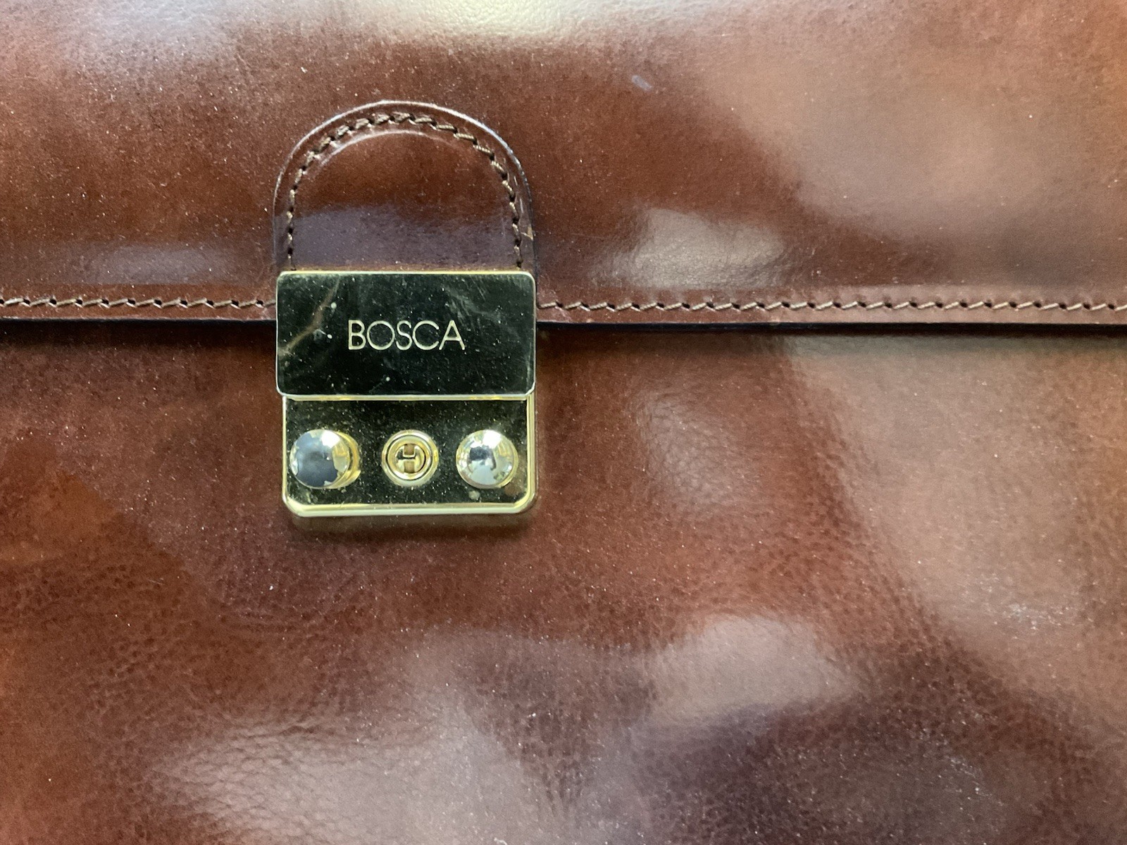 Bosca Brown Leather Men’s Briefcase/Document Case Top Handle Strap Push Lock