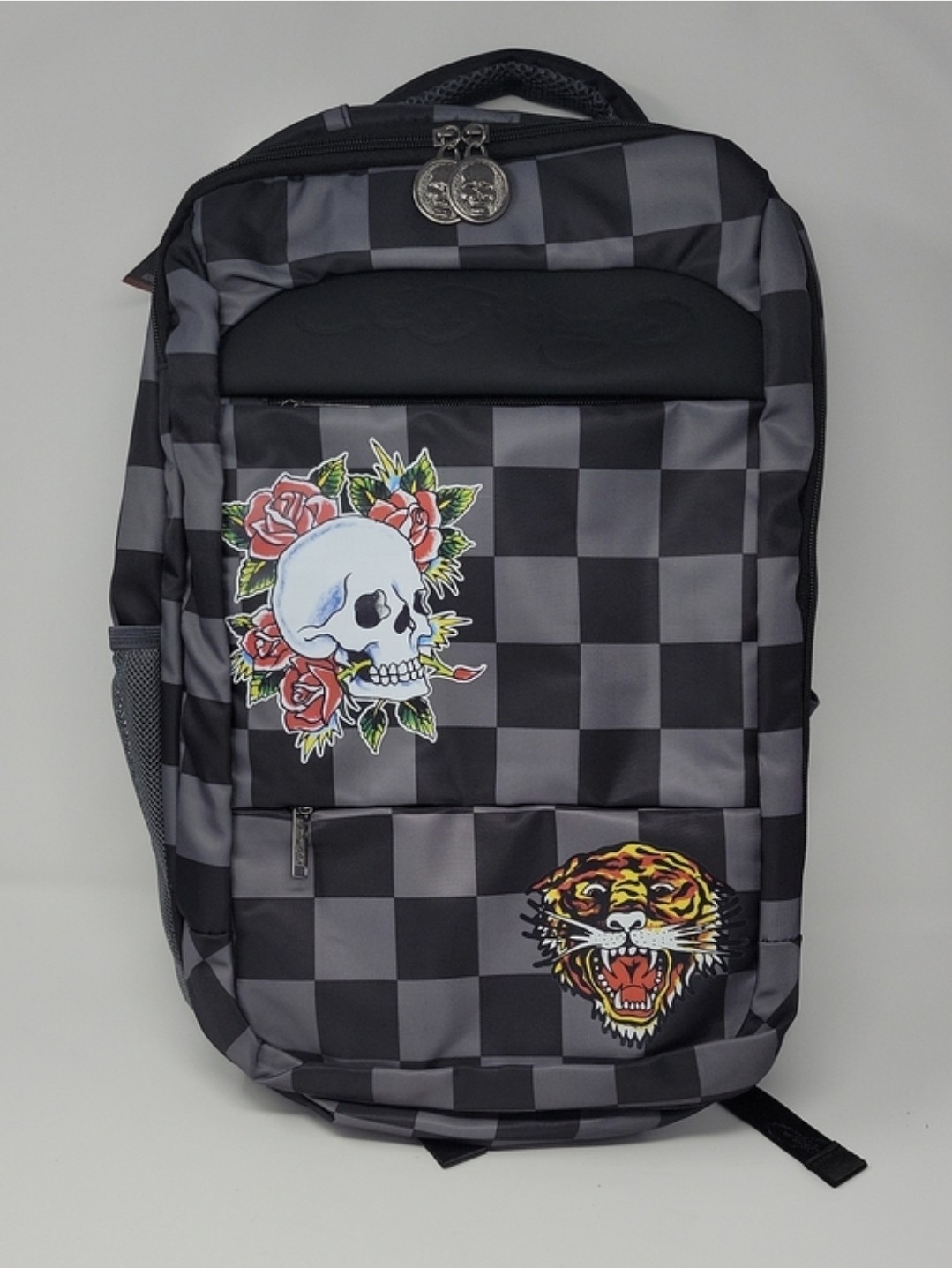 Ed Hardy Black Checkered Backpack Skull & Tiger