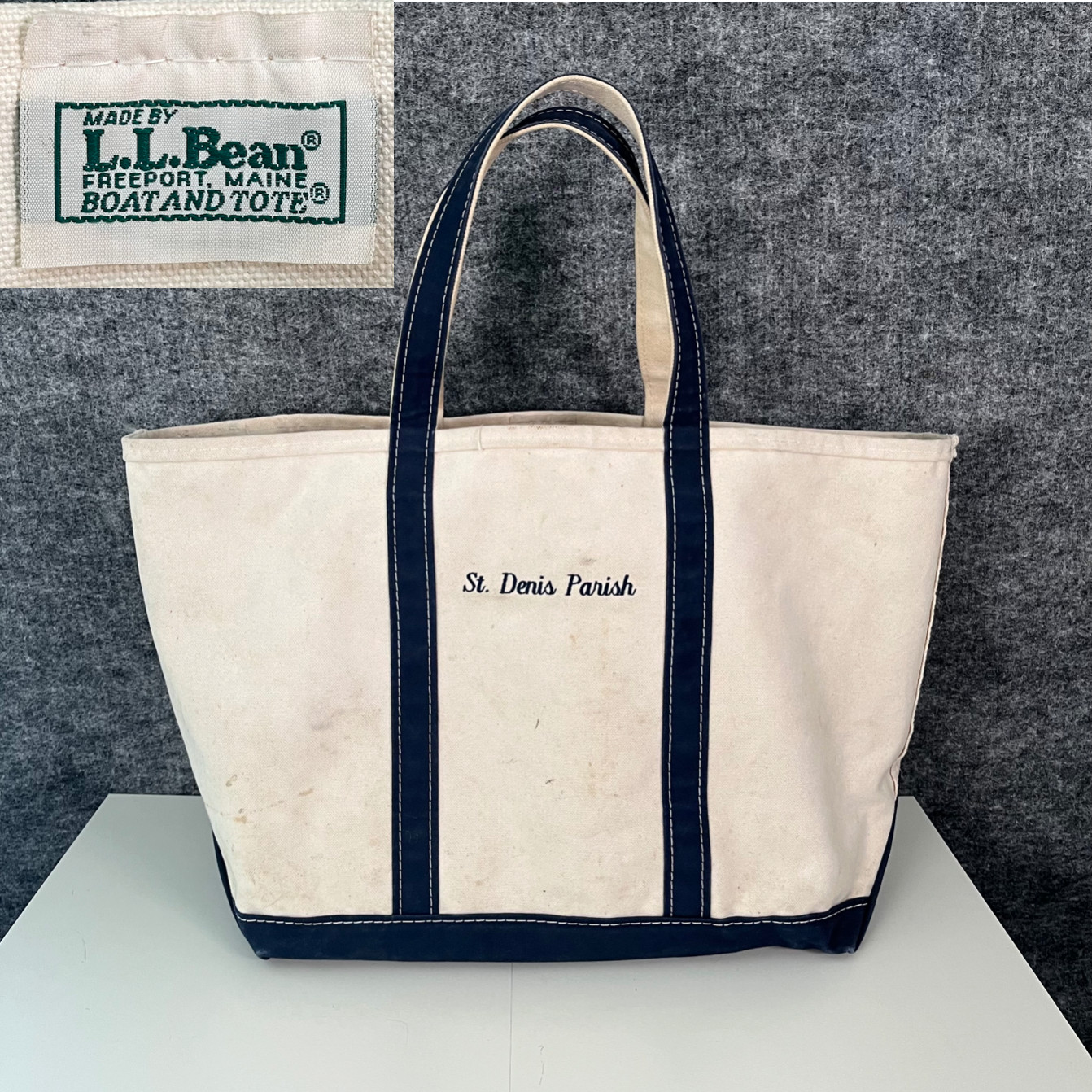 Vintage Boat & Tote Bag LL Bean USA Utility White Navy Outdoors Canvas Beach 80s