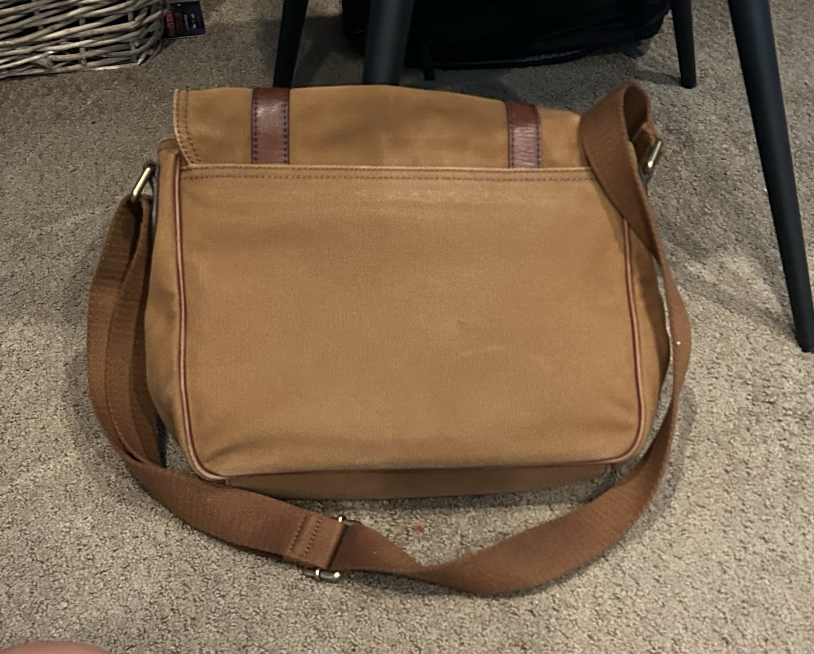 Fossil Canvas & Leather Messenger Bag In Two Tone Brown Padded Pocket Cow Hide