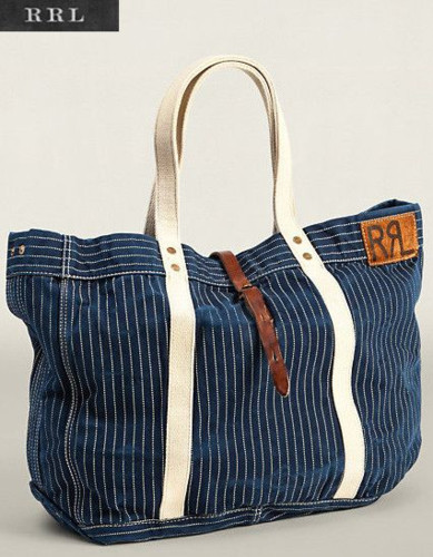 [B+, Size OS] RRL Double RL Stripe Denim Tote — Suede Trim / Canvas Handle / USA
