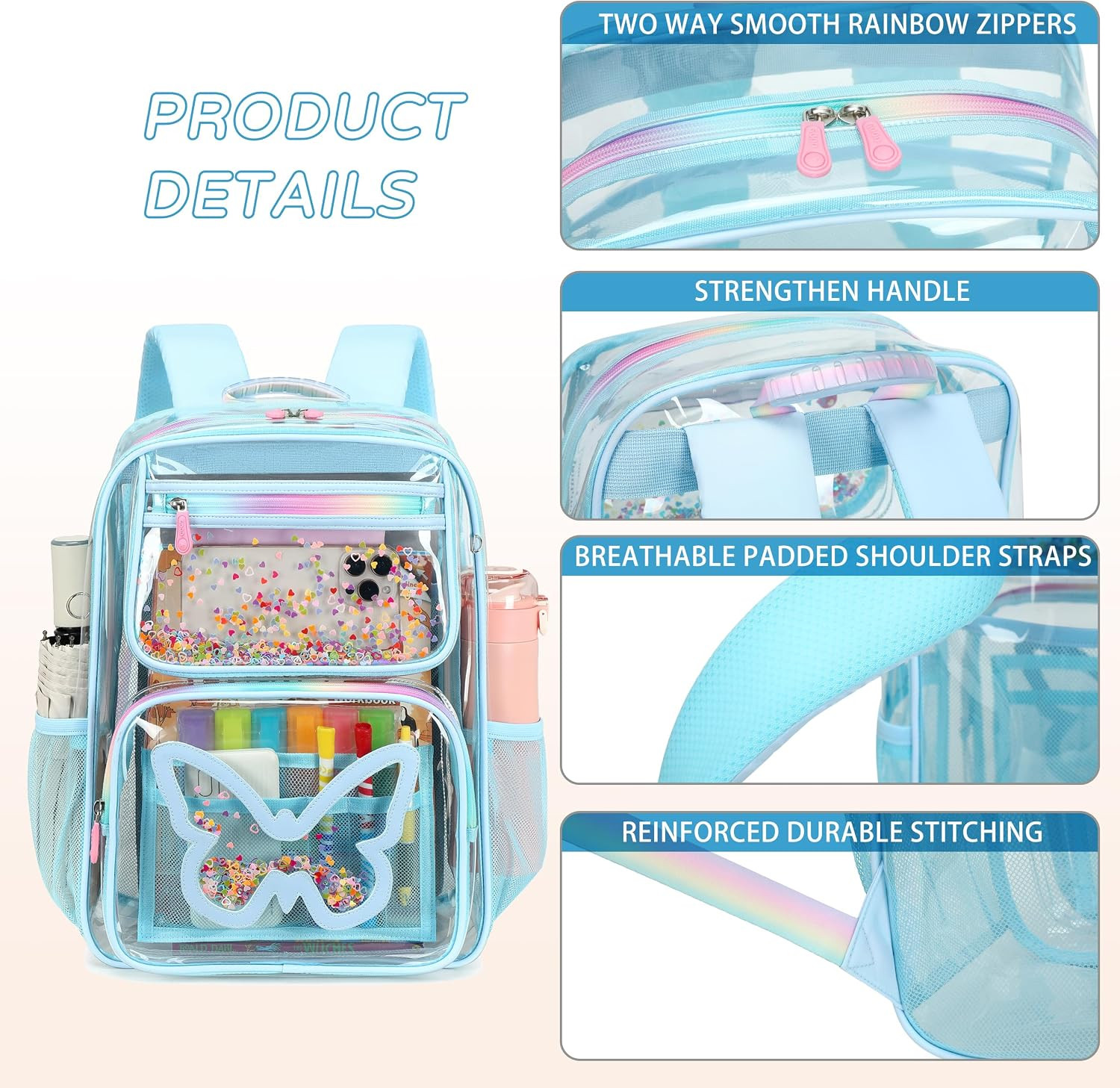 Clear Backpack for School,Large Bookbag Heavy Duty See Through Butterfly Backpac