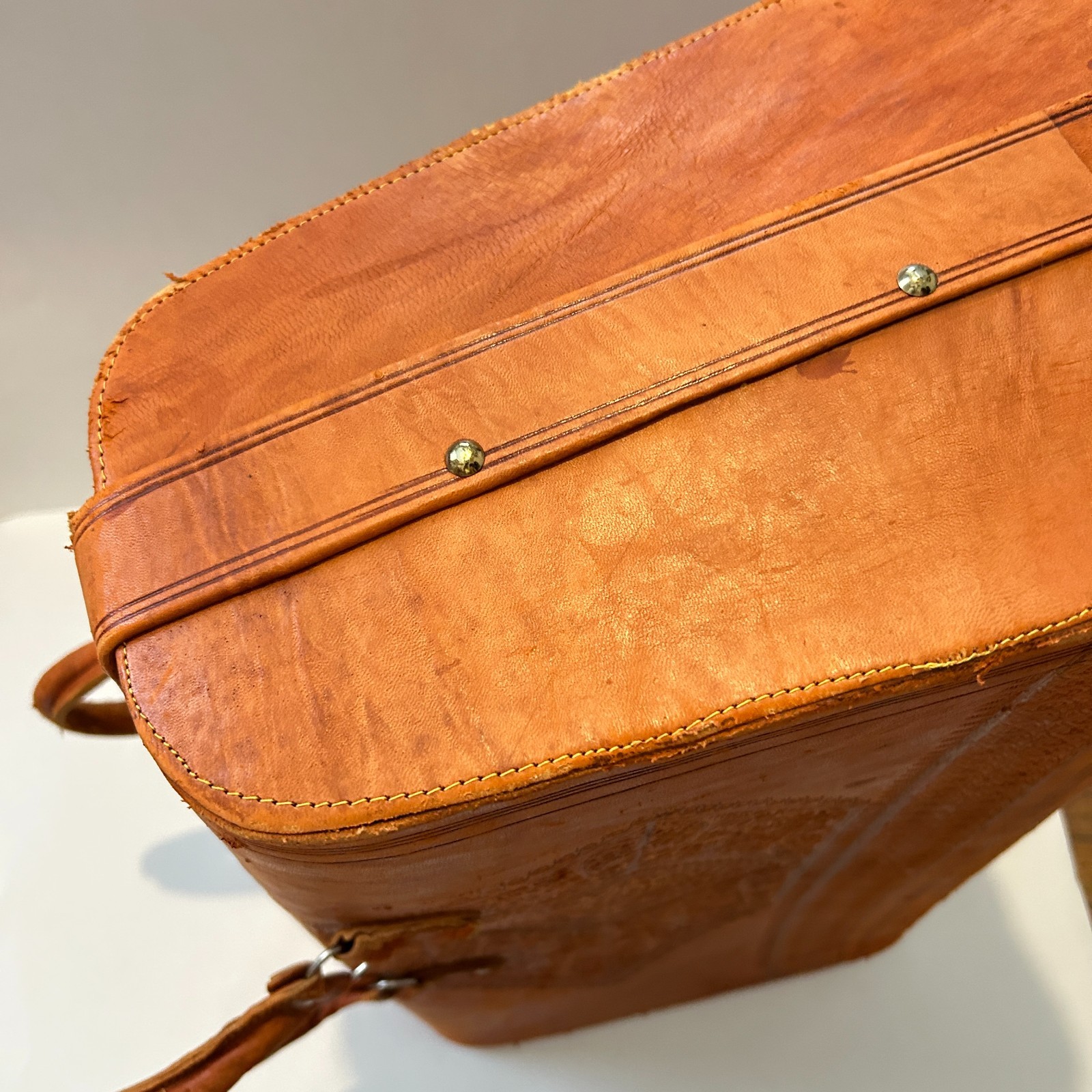Vtg Egyptian Tooled Leather Suitcase Overnight Satchel Bag Handmade OOAK