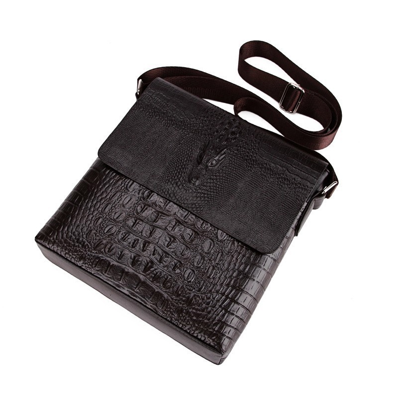 Men’s Black Crocodile Leather Crossbody Bag – 10″ Sling Shoulder Messenger Bag