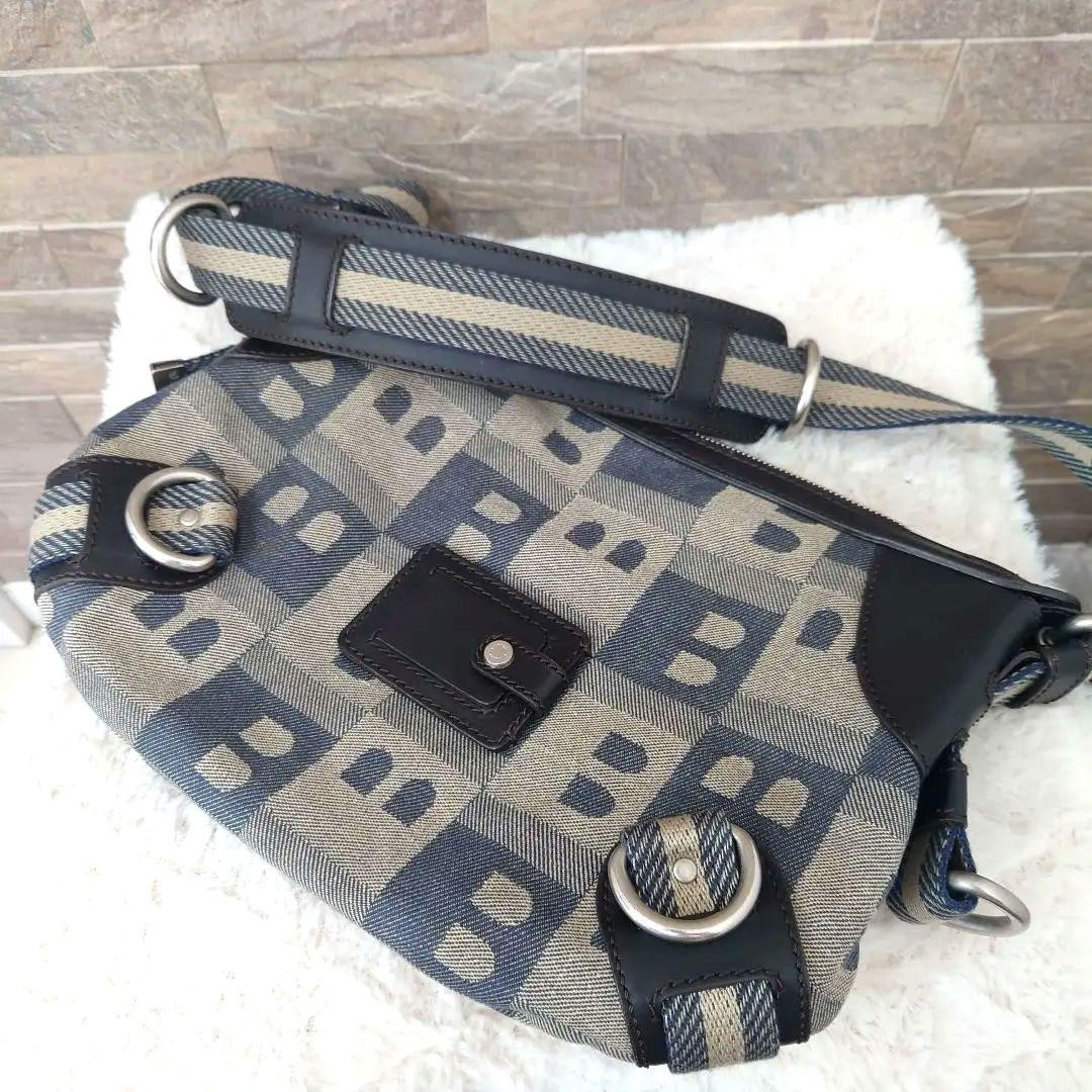 Bally Men’s Canvas Leather B All-Over Print Shoulder Bag Blue Gray 32×22.5x4cm