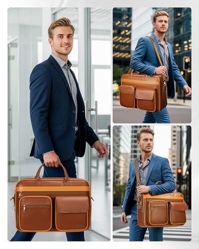 Leather Messenger Bag for Men, 15.6 In Vintage Briefcase with Padded Laptop