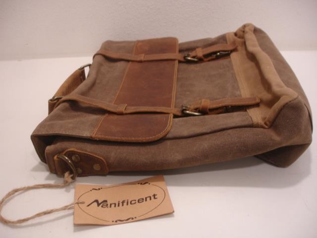 Manificent Laptop Messenger Bag Brown Leather Canvas Shoulder Strap Briefcase