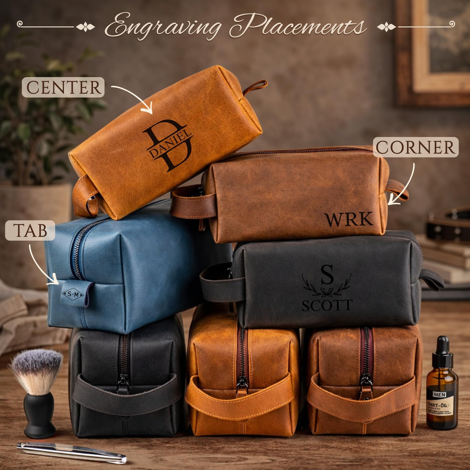Personalized Leather Toiletry Dark Brown, Light Antic Black, Navy Blue