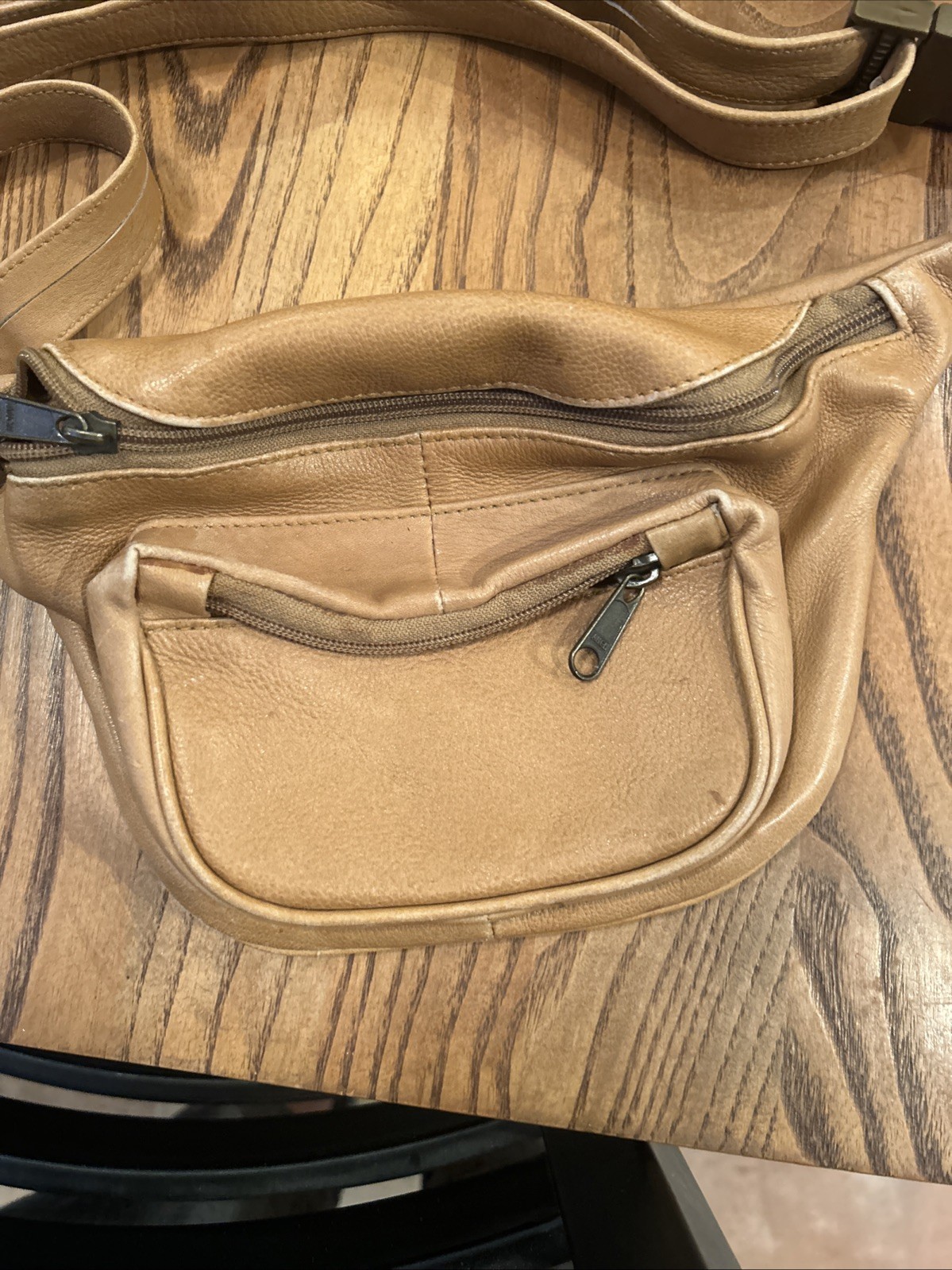 Green Fields Tan Leather Waist Pouch Fanny Pack Purse Bag USA Made Well Used