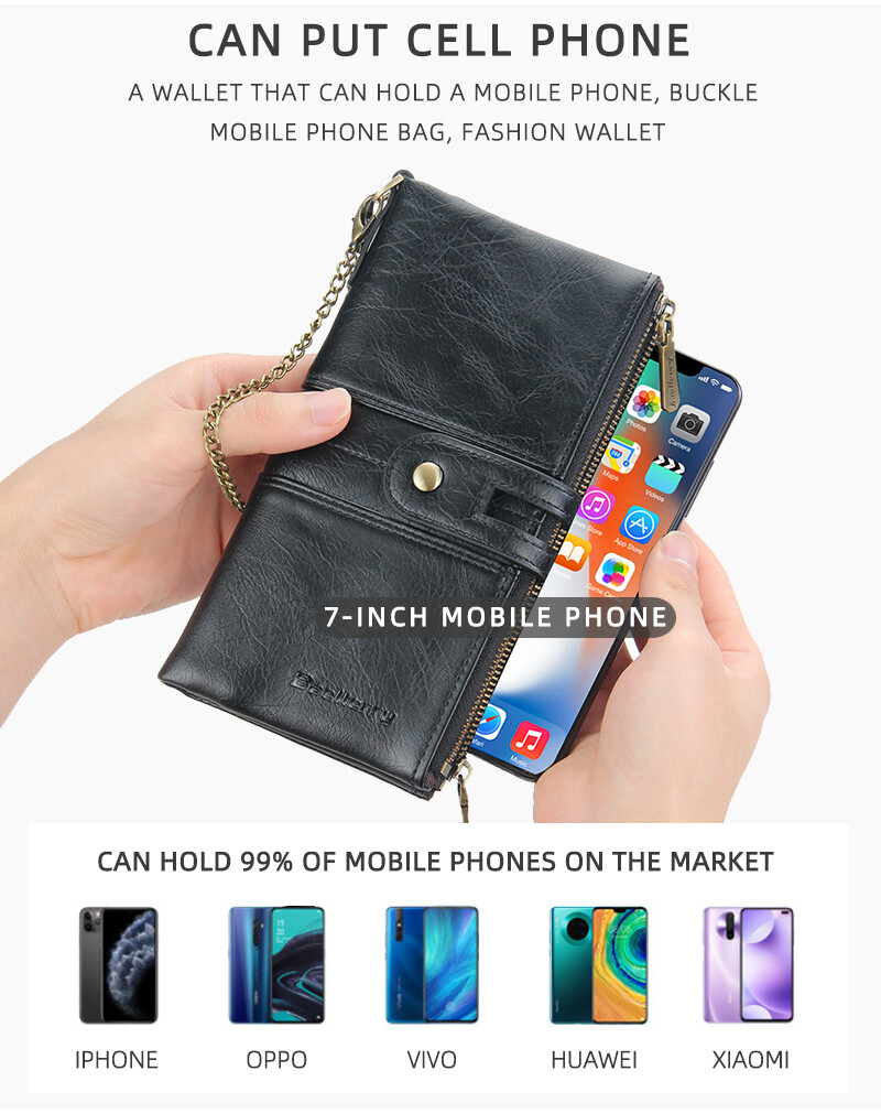 Men Wallet with Anti-Theft Chain RFID Blocking Leather Purse Zipper Phone Holder