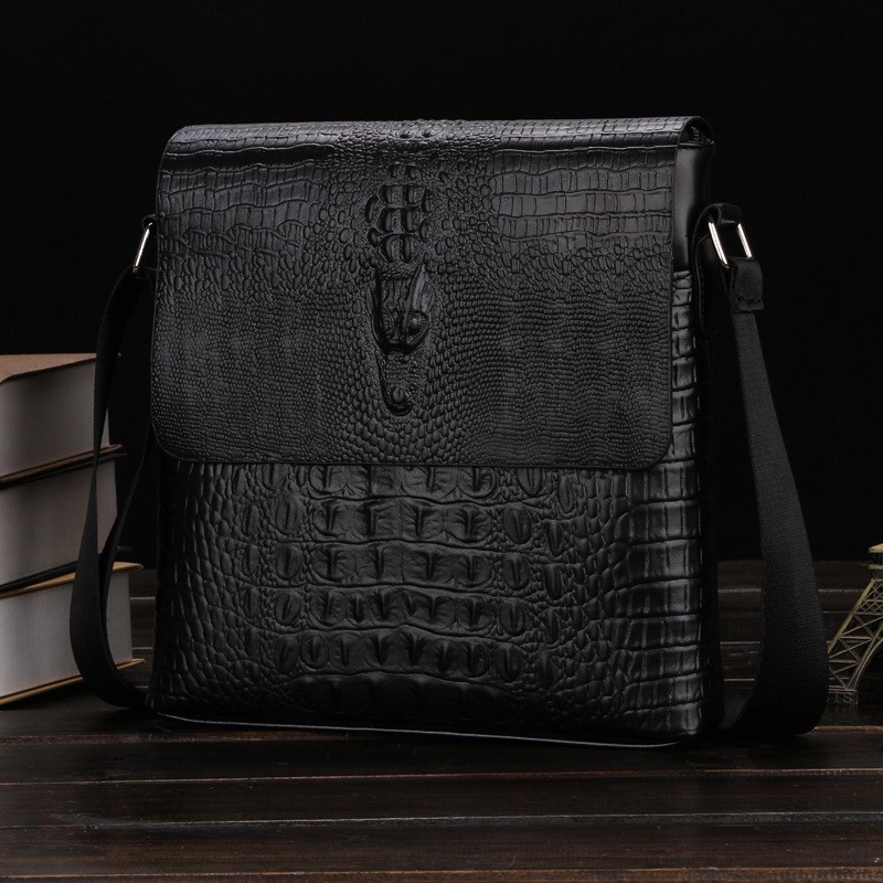 Men’s Black Crocodile Leather Crossbody Bag – 10″ Sling Shoulder Messenger Bag